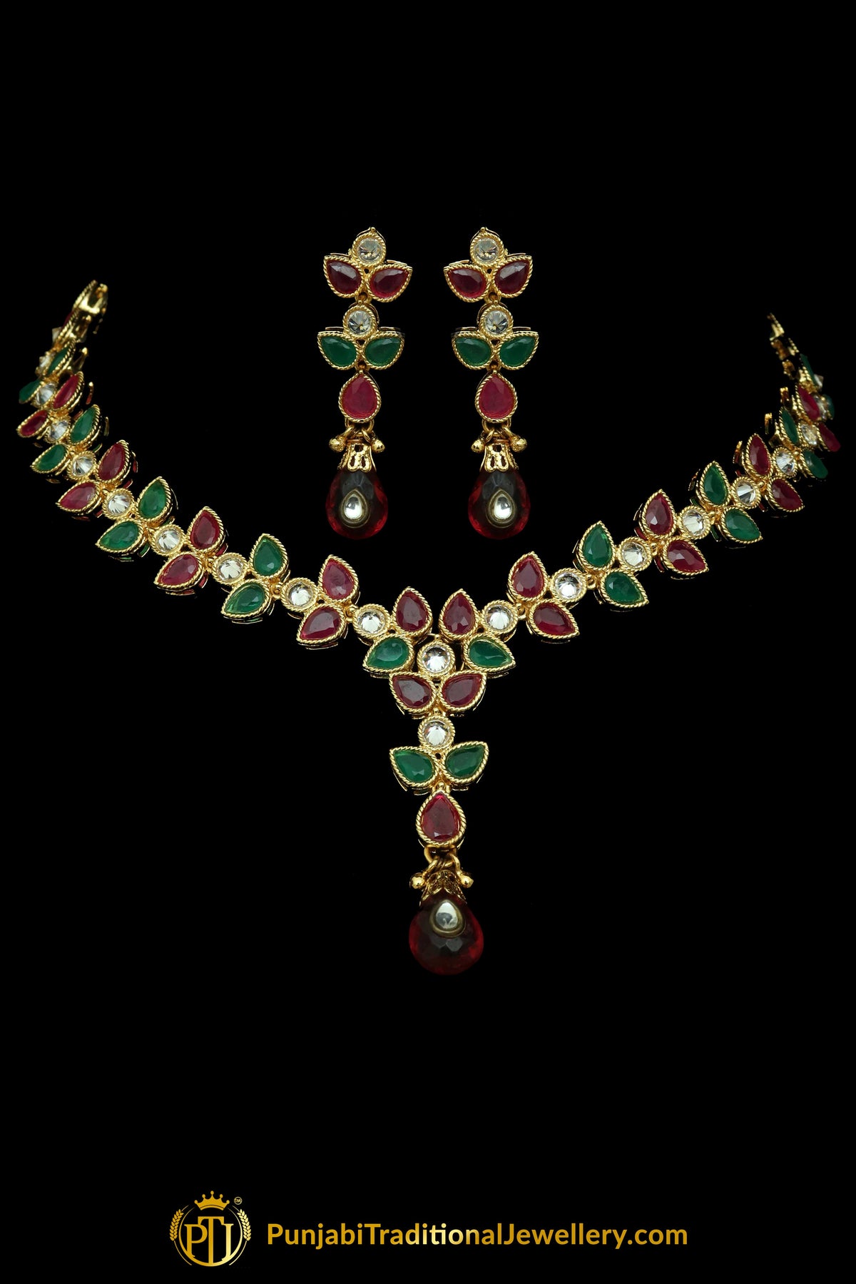 Rubby Panna Polki Necklace Set By Punjabi Traditional Jewellery