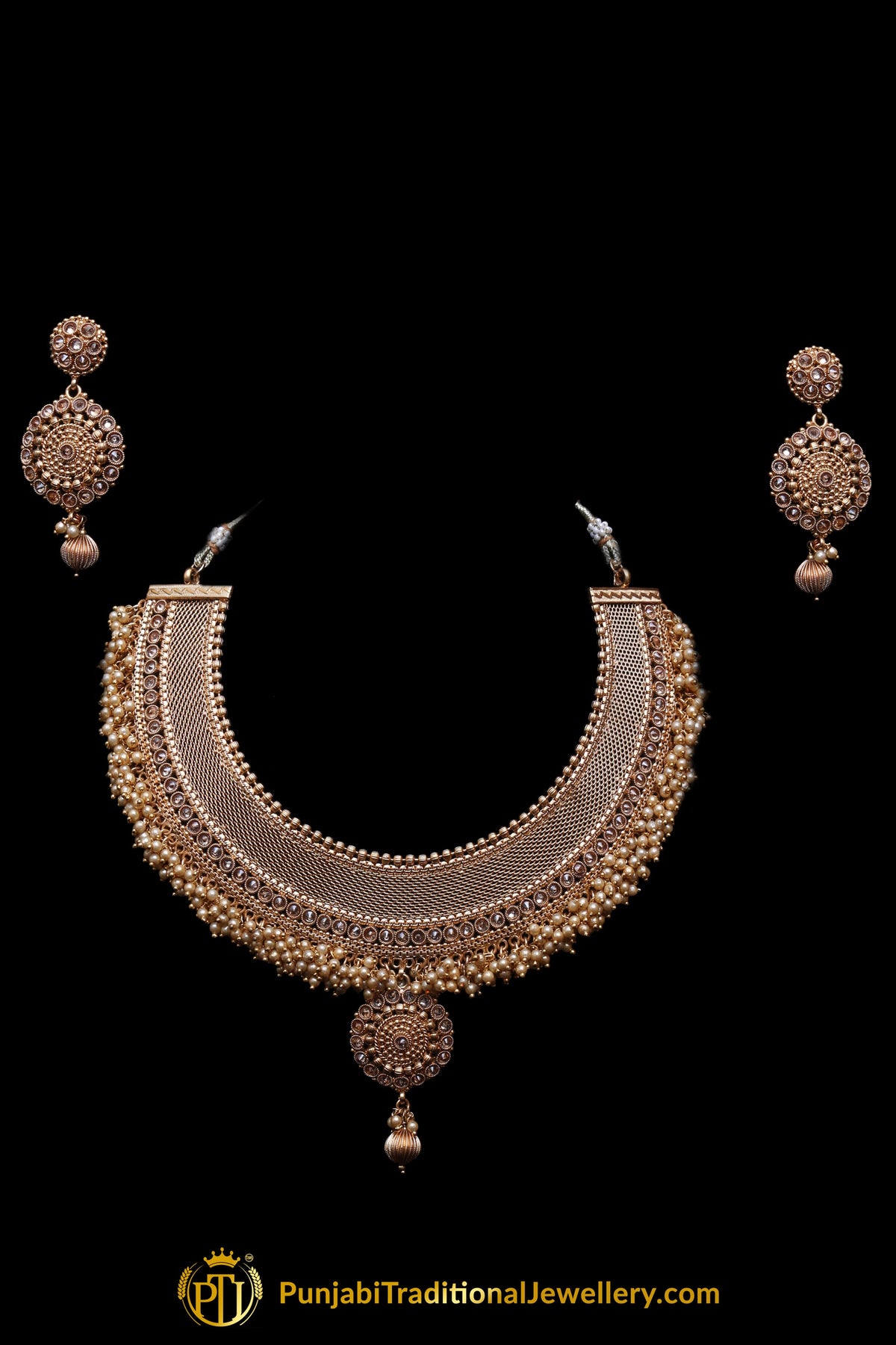 Polki Antique Gold Pearl Necklace Set By Punjabi Traditional Jewellery