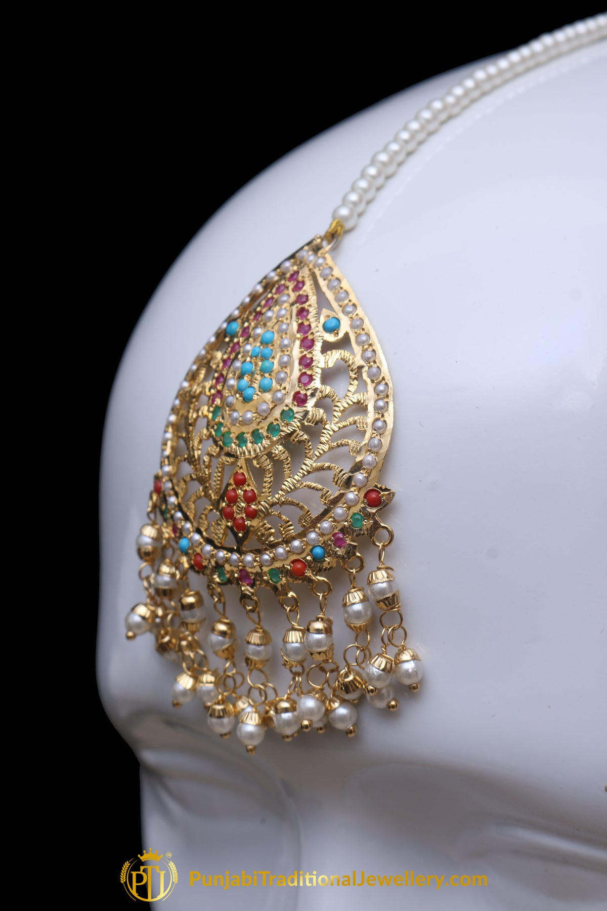 Multi Jadau Pearl Earring Tikka Set By Punjabi Traditional Jewellery