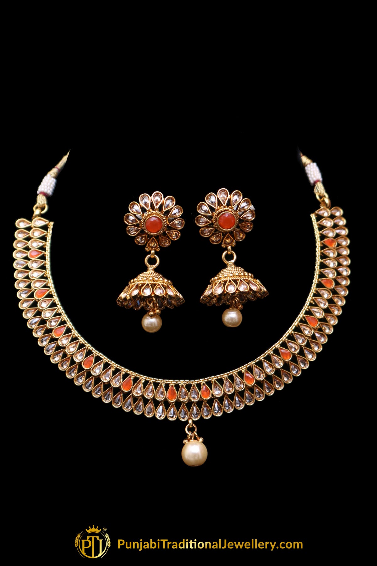 Orange Polki Necklace Set By Punjabi Traditional Jewellery