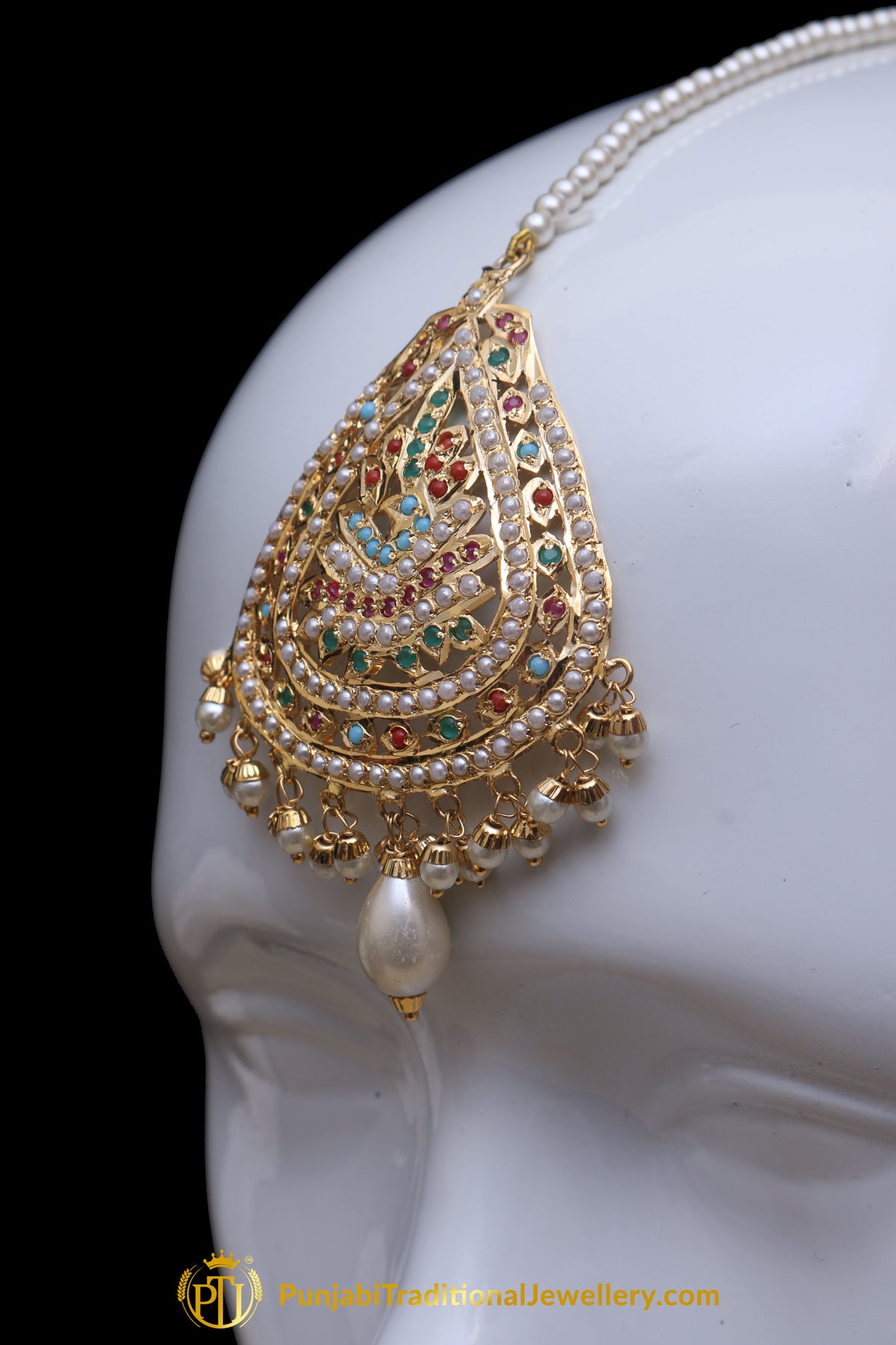 Multi Jadau Pearl Earring Tikka Set By Punjabi Traditional Jewellery