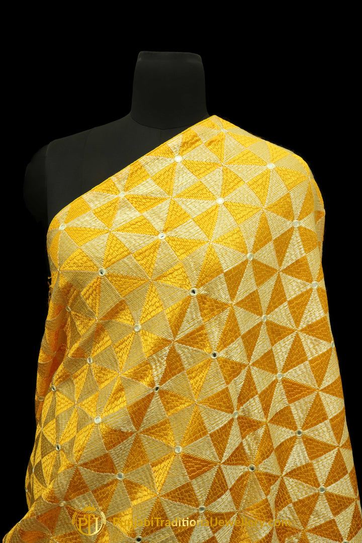Yellow Color Pure Phulkari Dupatta By Punjabi Traditional Jewellery