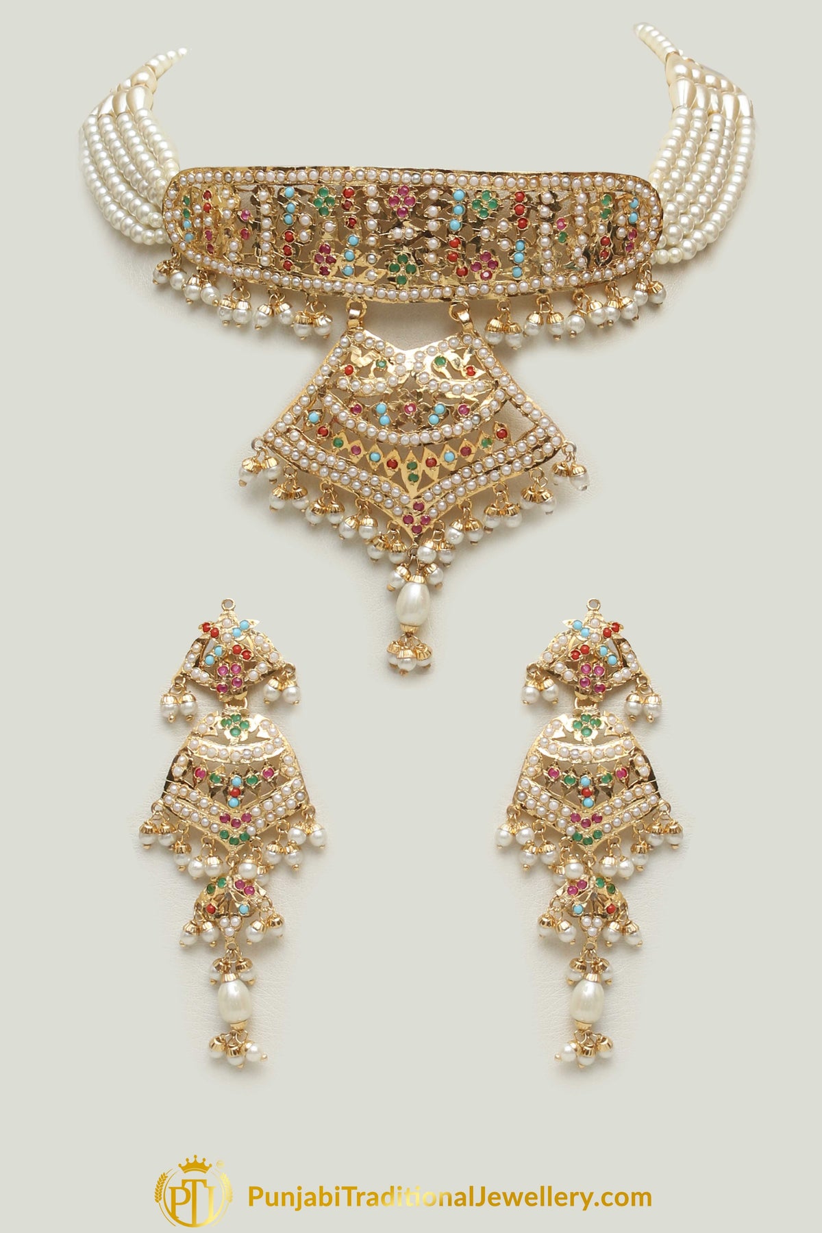 Jadau Multi Pearl Choker Necklace Set By Punjabi Traditional Jewellery