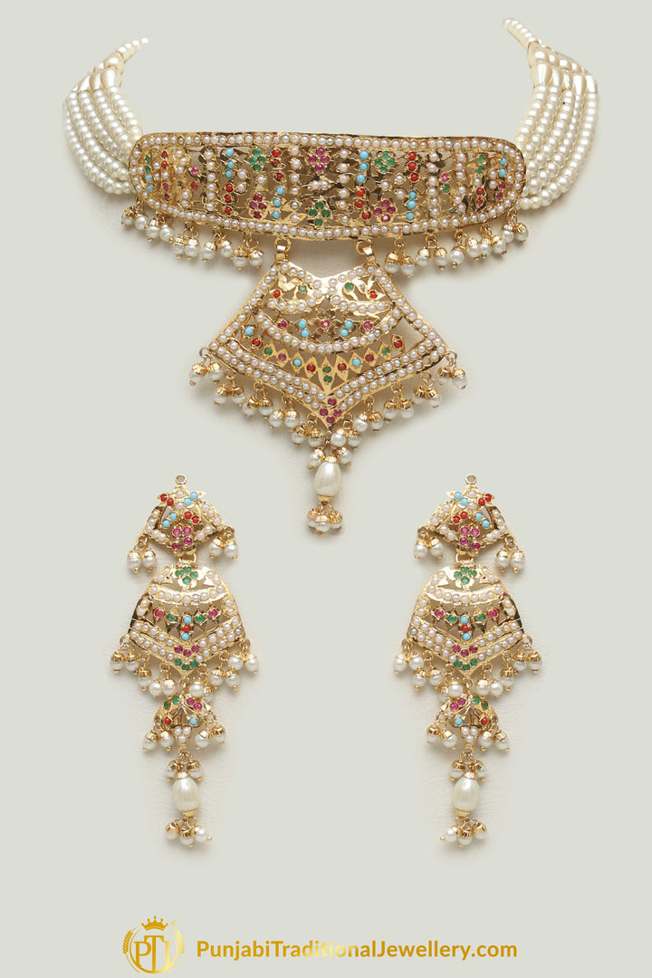 Jadau Multi Pearl Choker Necklace Set By Punjabi Traditional Jewellery