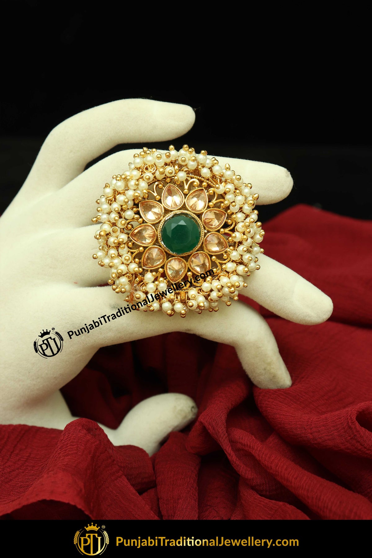 Khalidah Gold Finished Pearl Chamapgne Stone Ring | Punjabi Traditional Jewellery Exclusive