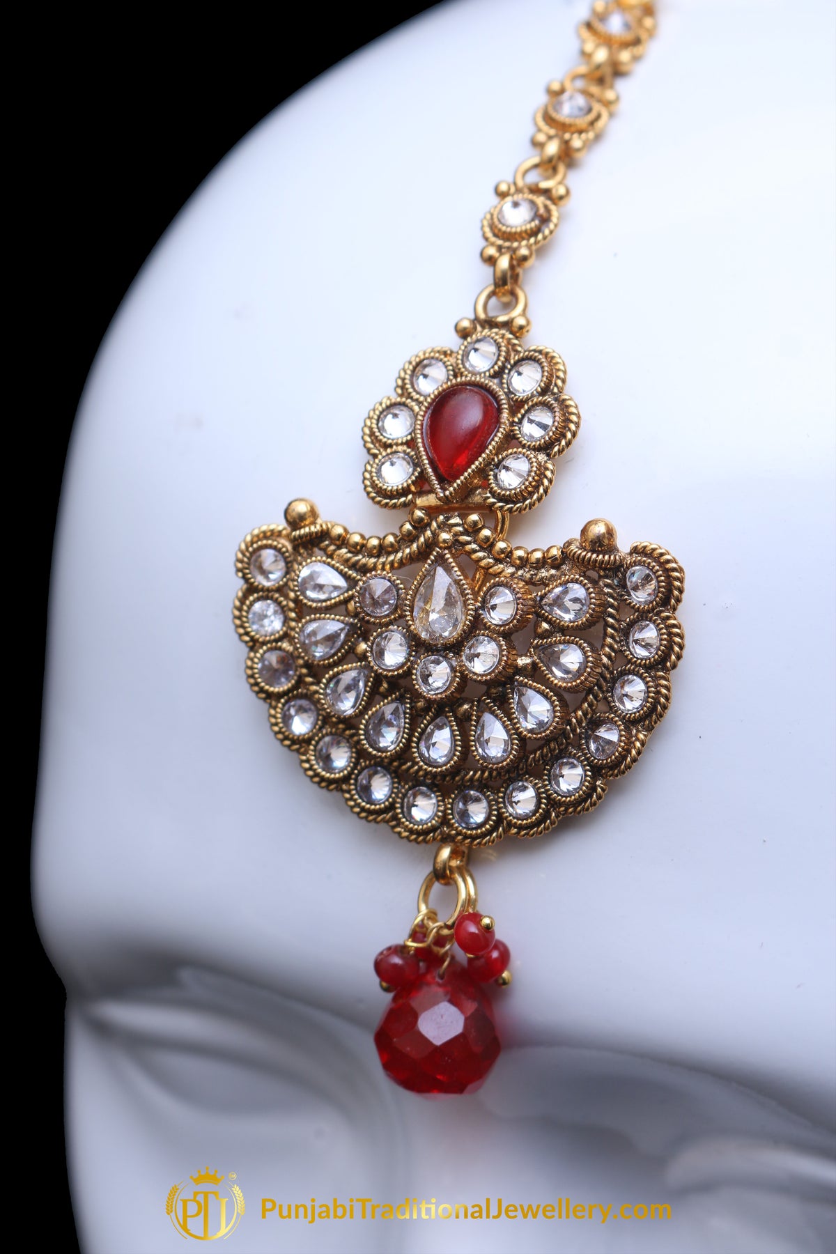 Red Polki Earring Tikka Set By Punjabi Traditional Jewellery
