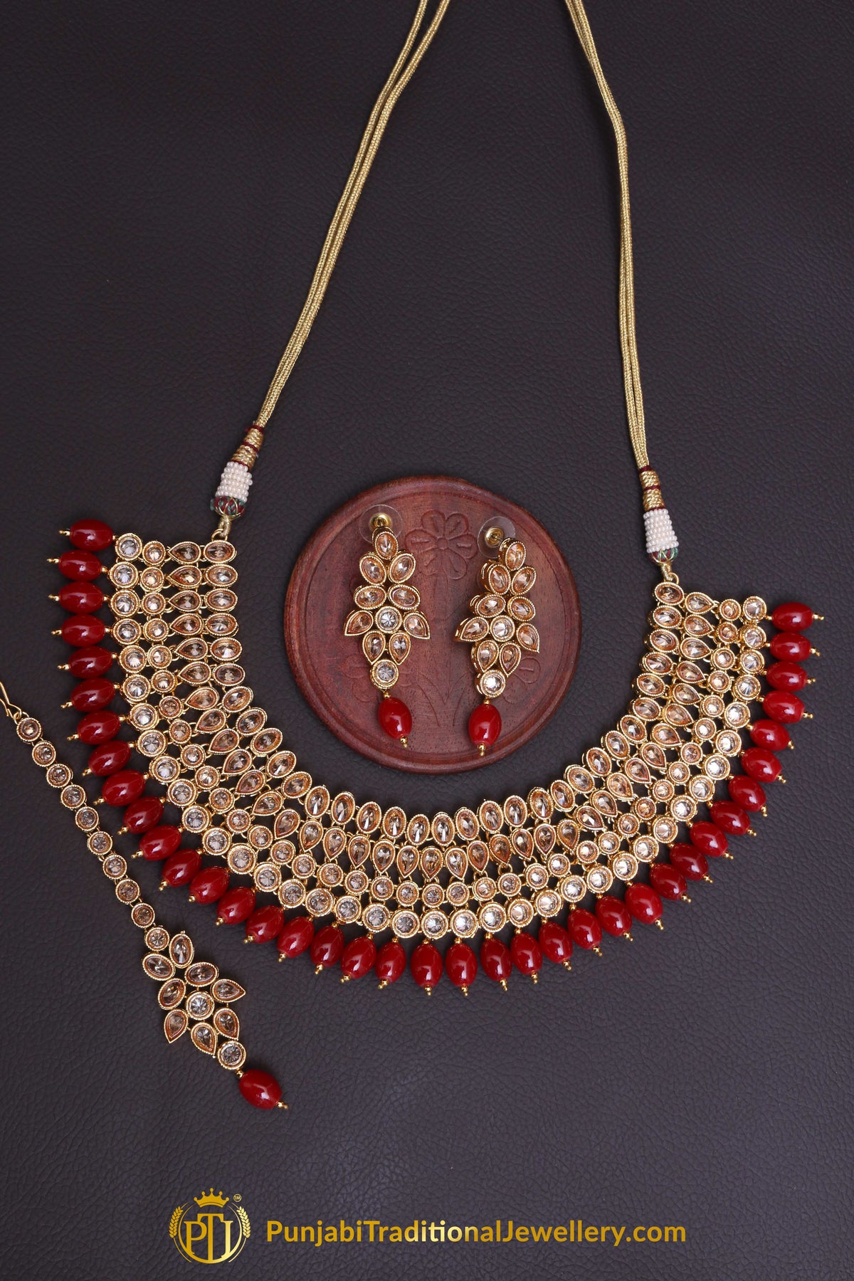 Red Champagne Stone Necklace Set By Punjabi Taditional Jewellery