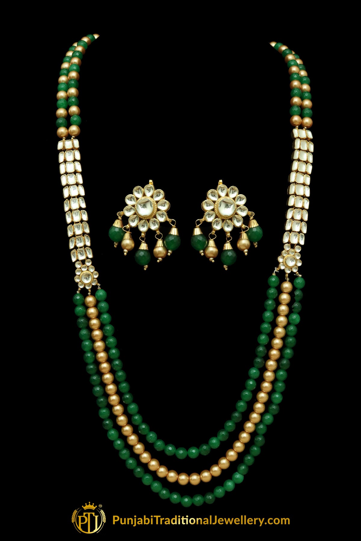 Green Kundan Mala Necklace Set By Punjabi Traditional Jewellery