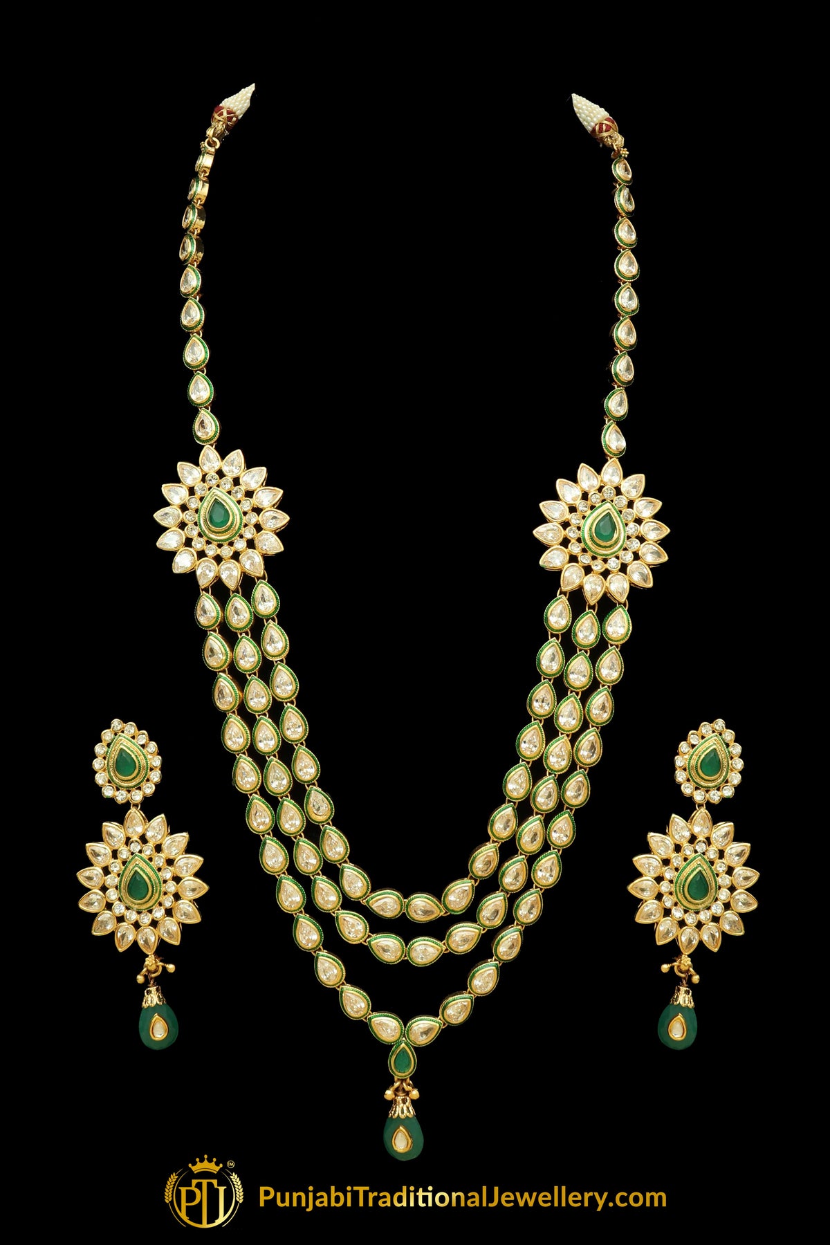 Green Polki Necklace Set By Punjabi Traditional Jewellery