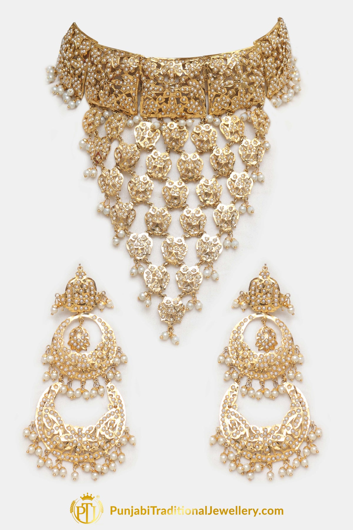 Golden Jadau Pearl Necklace Set By Punjabi Traditional Jewellery