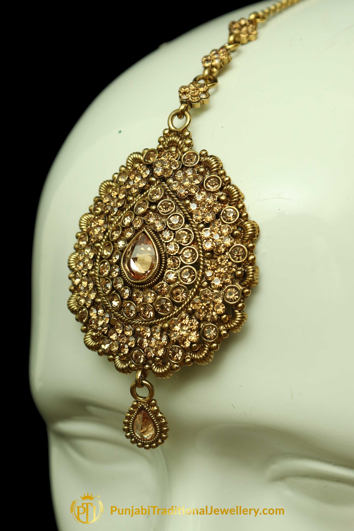Gold Finished Champagne Stone Earring Tikka Set By Punjabi Traditional Jewellery