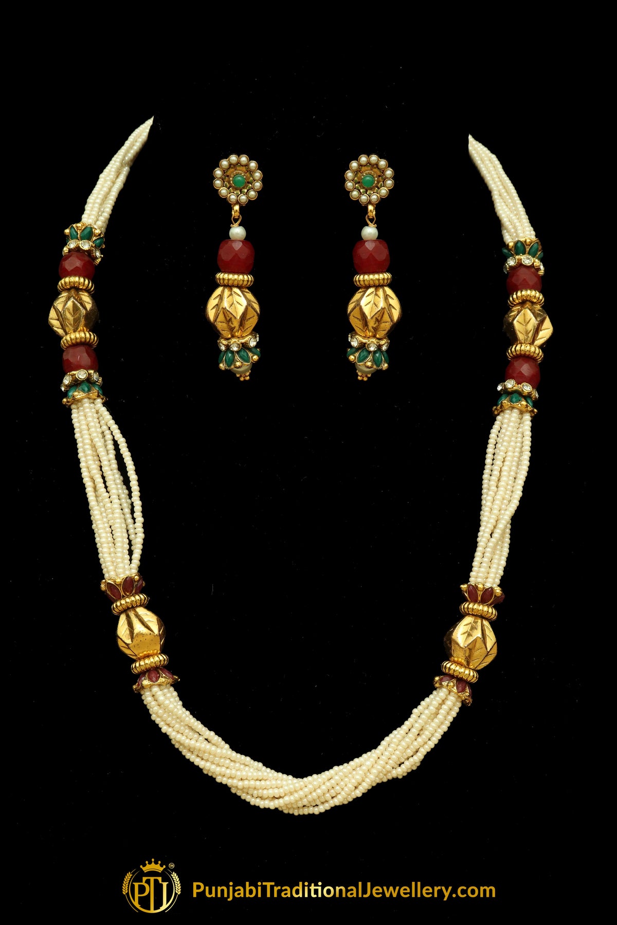 Rubby Panna Pearl Jodha Mala Necklace Set By Punjabi Traditional Jewellery