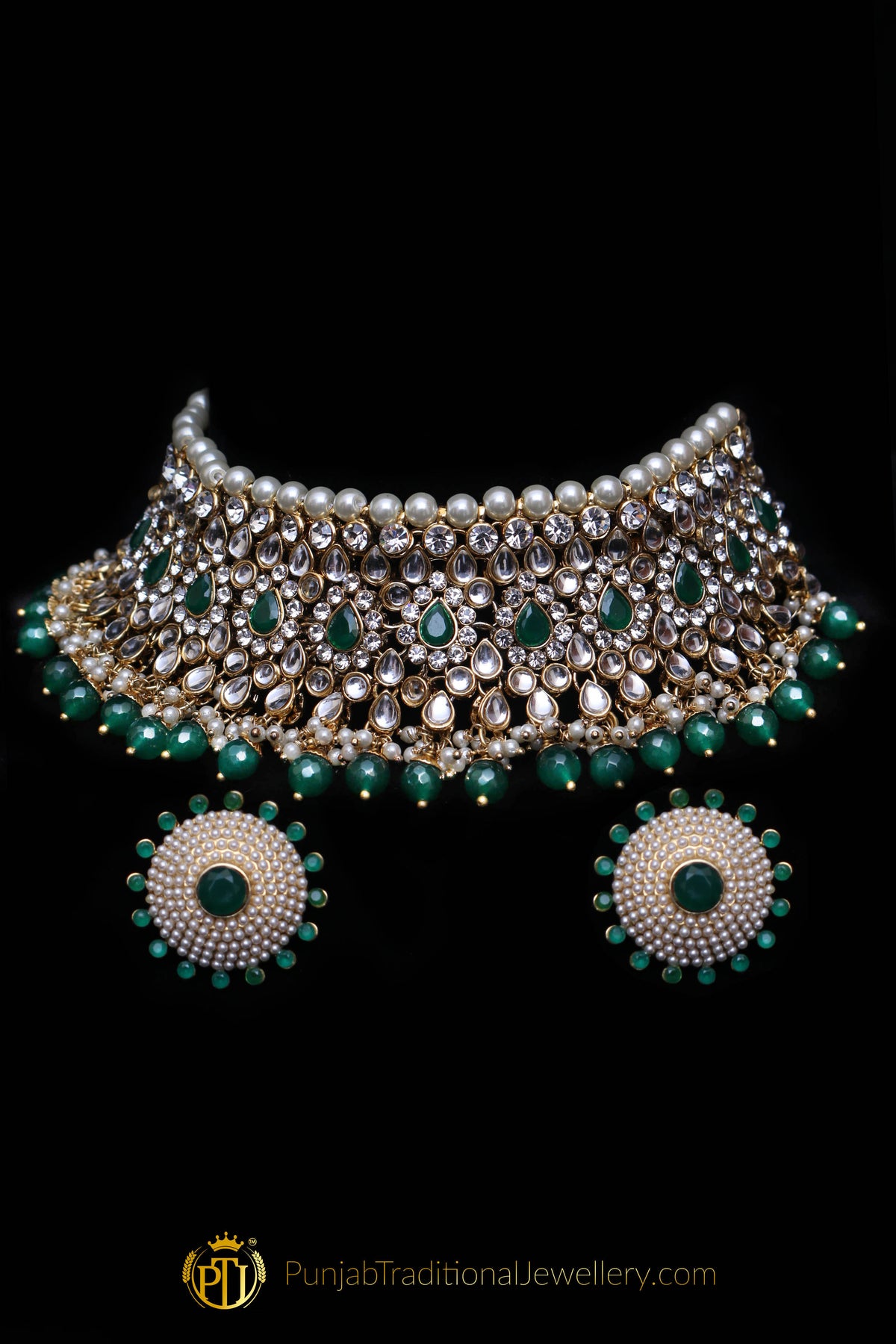Green Pearl Kundan Choker Necklace Set By Punjabi Traditional Jewellery