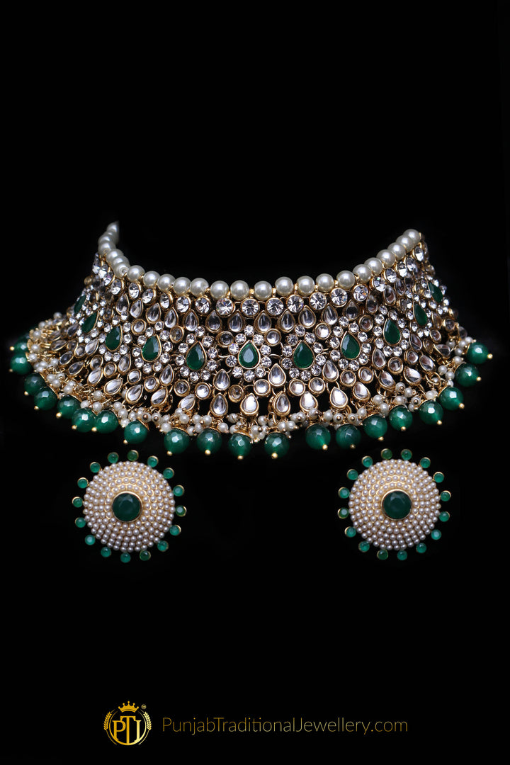 Green Pearl Kundan Choker Necklace Set By Punjabi Traditional Jewellery