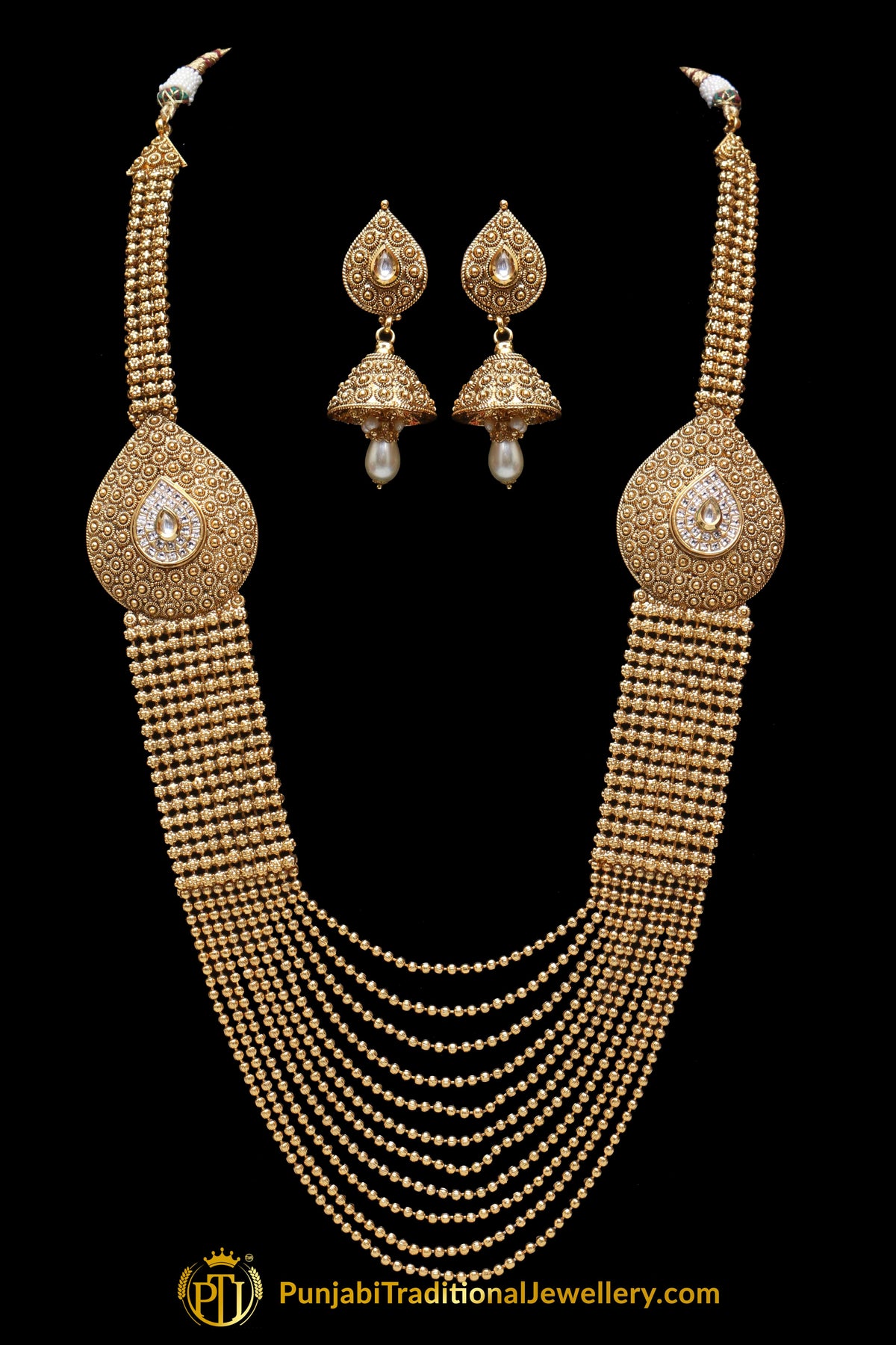 Golden Polki long Necklace Set By Punjabi Traditional Jewellery