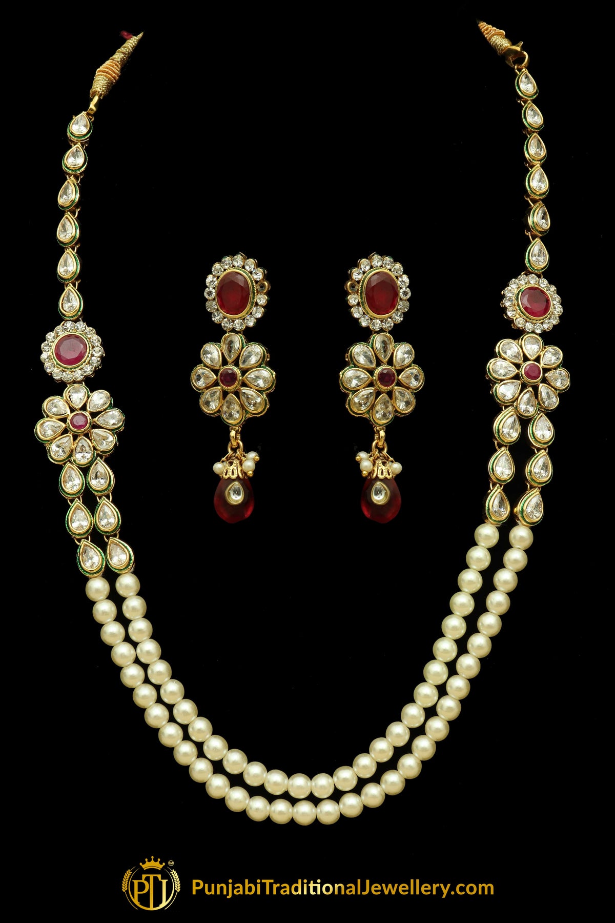 Red Polki Pearl Necklace Set By Punjabi Traditional Jewellery