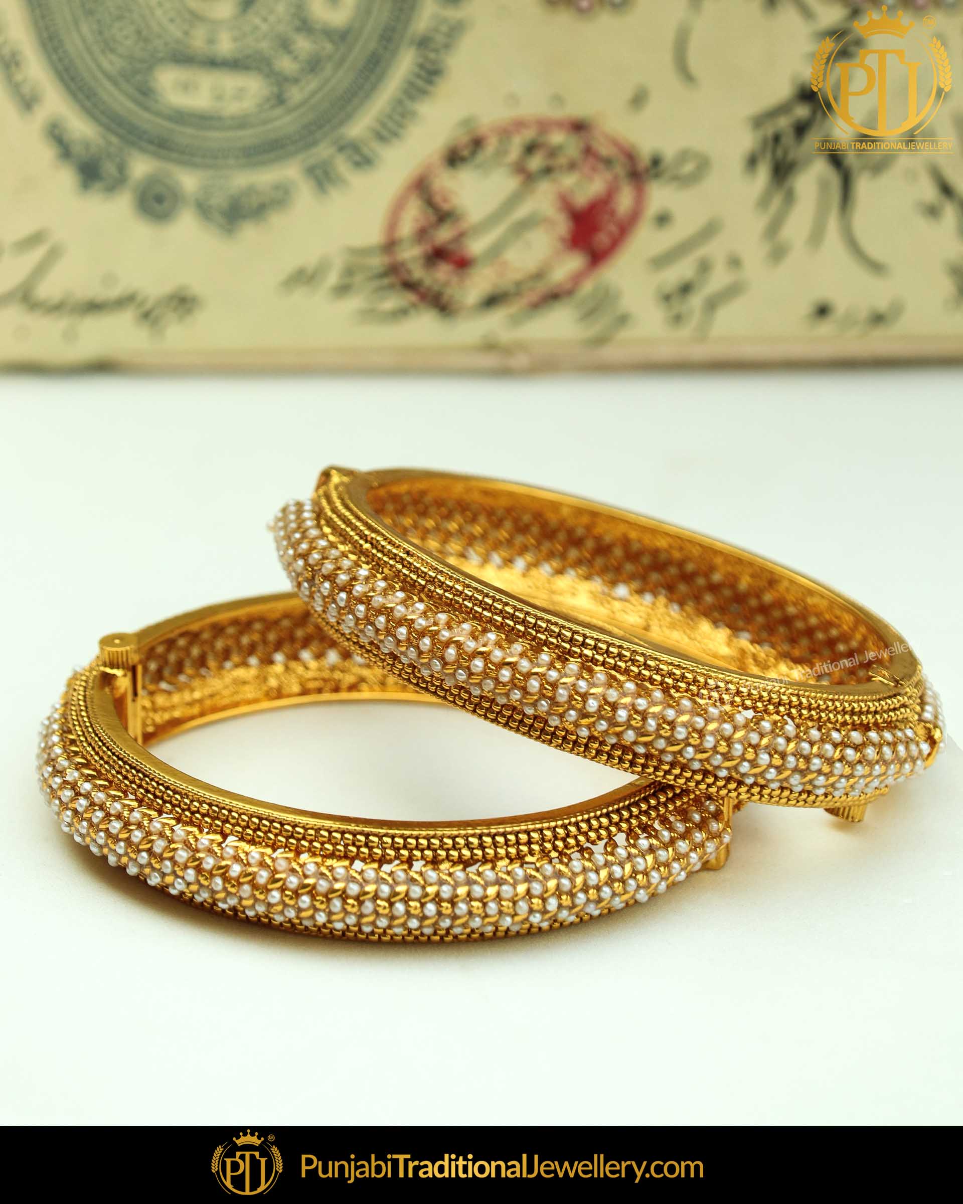 Antique Gold Plated Pearl Openable Bangles (Pair) By Punjabi Traditional Jewellery