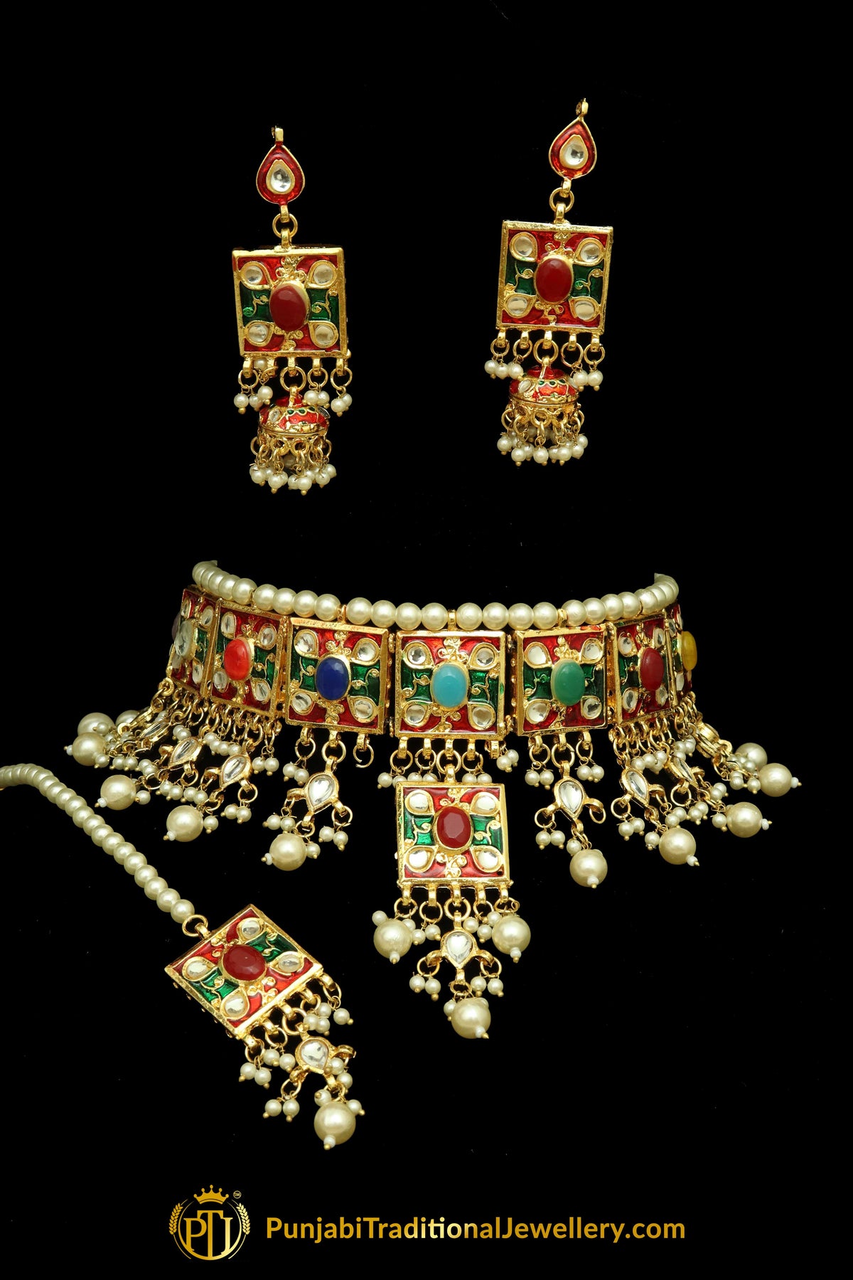 Multi Meena Kundan Pearl Choker Necklace Set By Punjabi Traditional Jewellery
