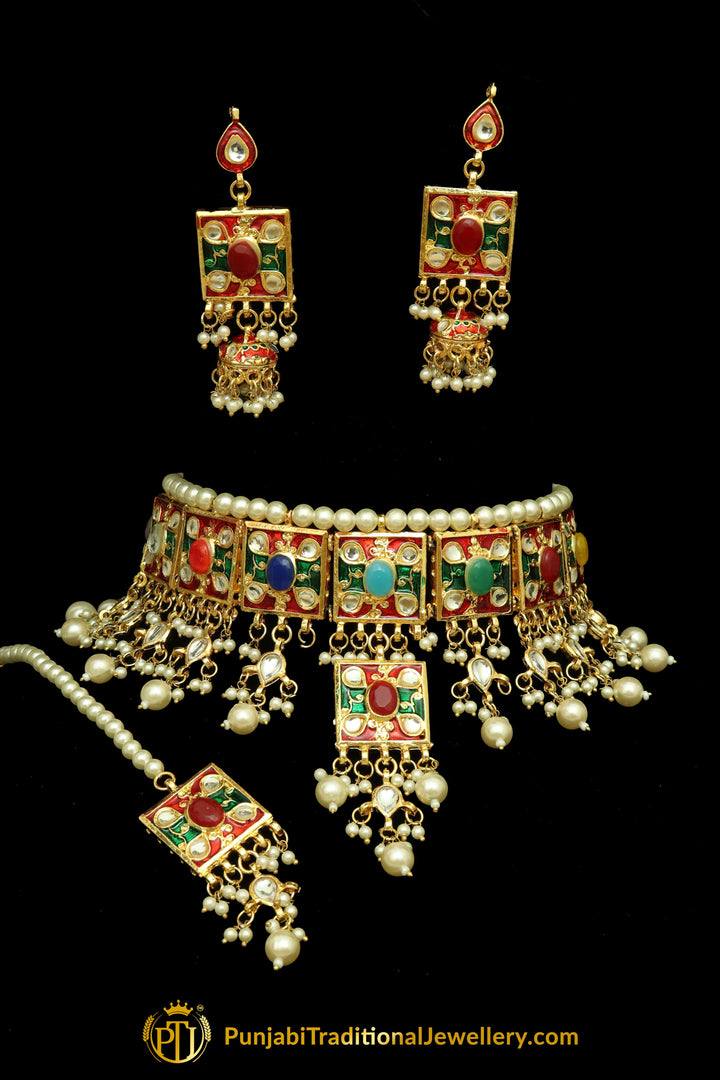 Multi Meena Kundan Pearl Choker Necklace Set By Punjabi Traditional Jewellery