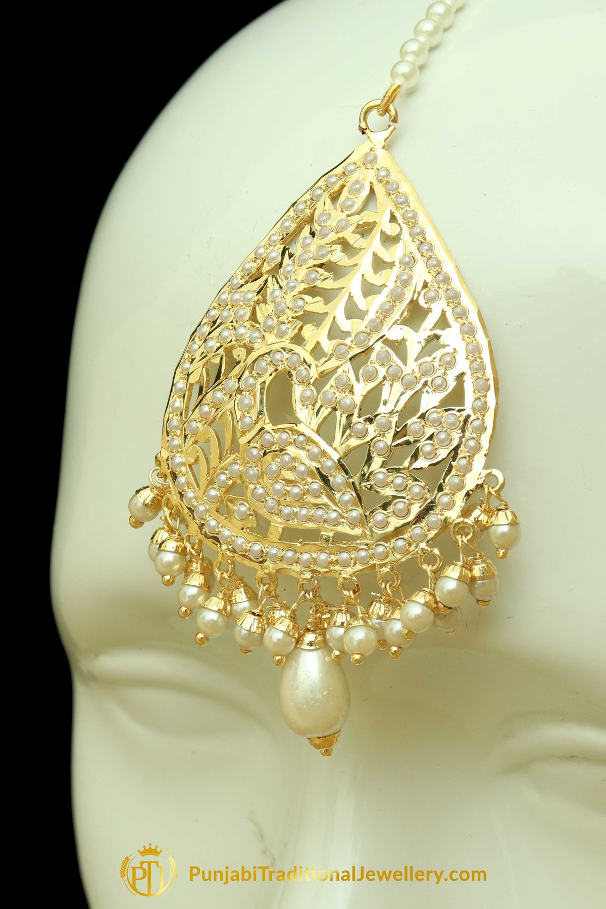 Golden Jadau Pearl Earring Tikka Set By Punjabi Traditional Jewellery