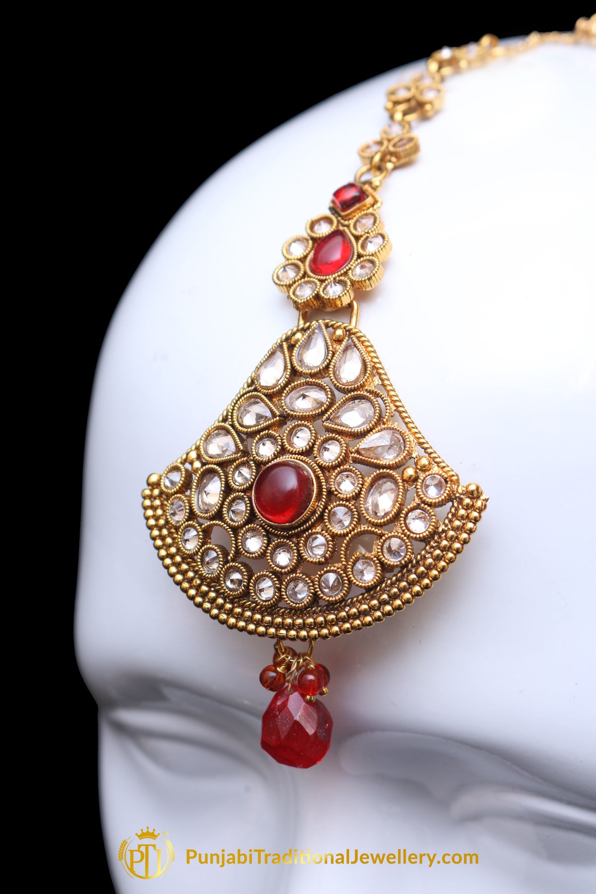 Red Polki Earring Tikka Set By Punjabi Traditional Jewellery