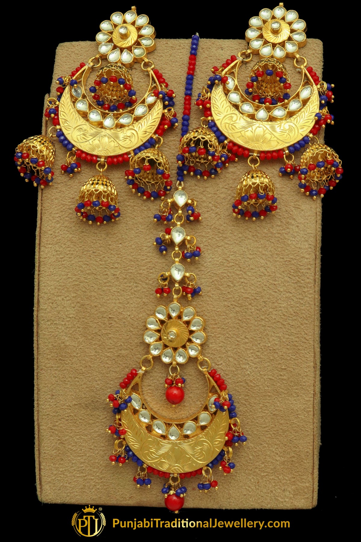 Red Blue Gold Plated Kundan Earring Tikka Set | Punjabi Traditional Jewellery Exclusive