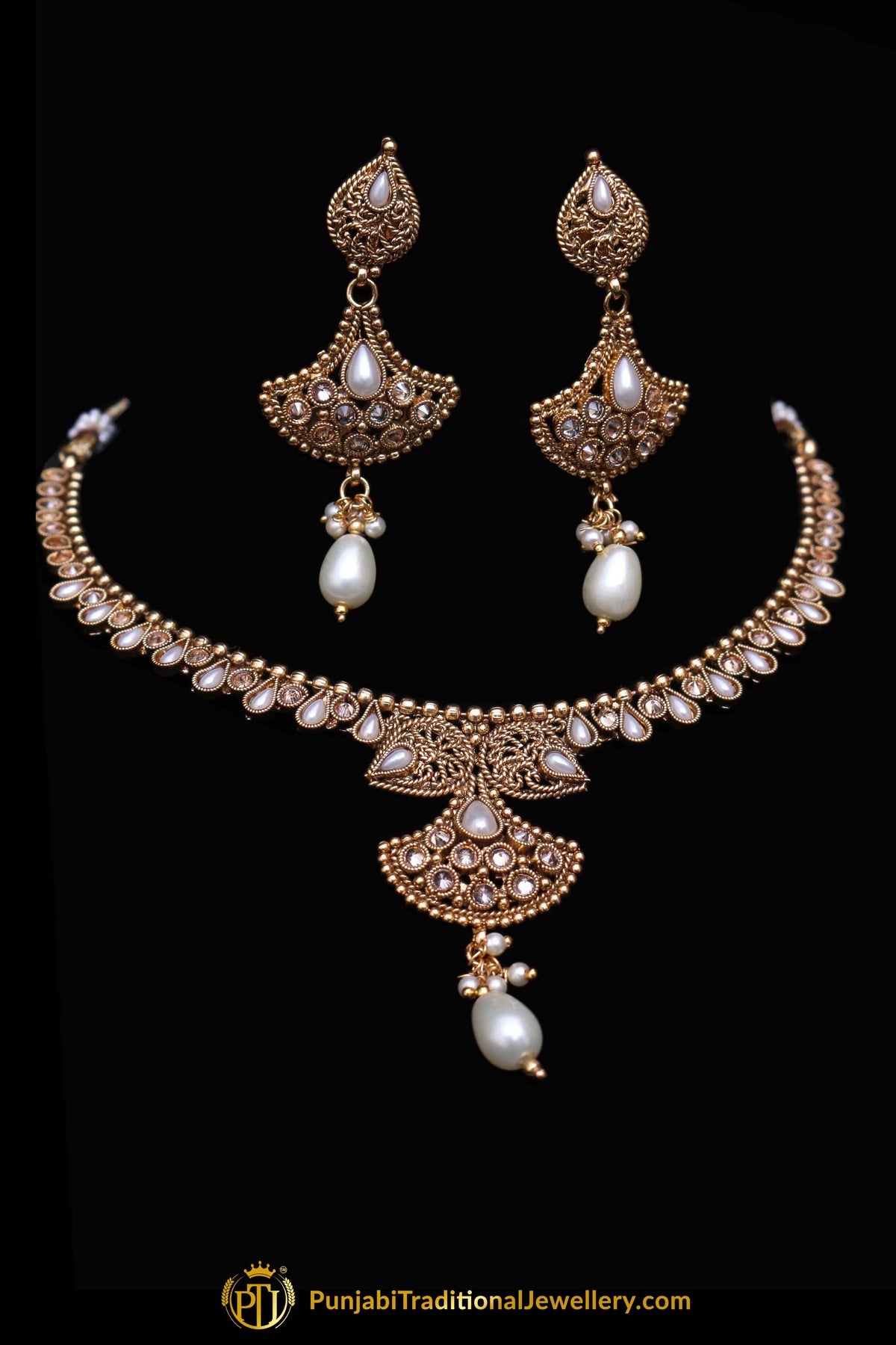 Qatra Antique Gold Pearl Polki Necklace Set By Punjabi Traditional Jewellery