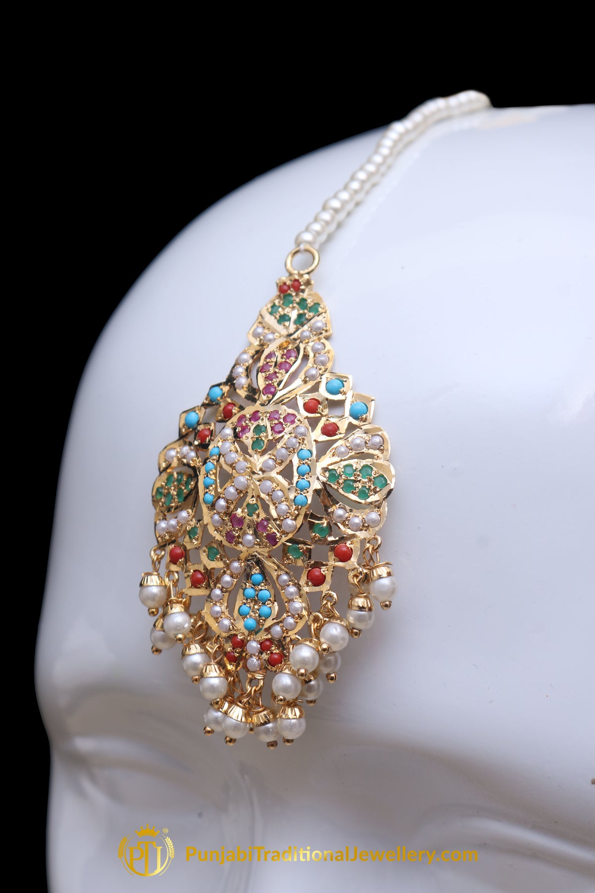 Multi Jadau Pearl Earring Tikka Set By Punjabi Traditional Jewellery