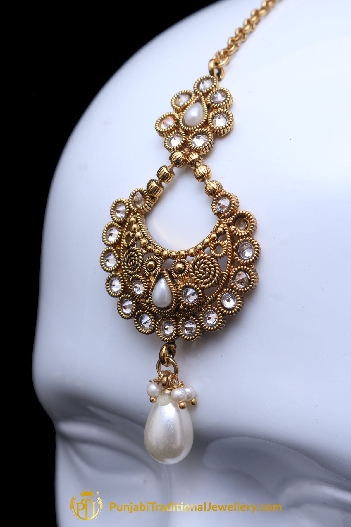 Polki Pearl Champagne Stone Earring Tikka Set By Punjabi Traditional Jewellery