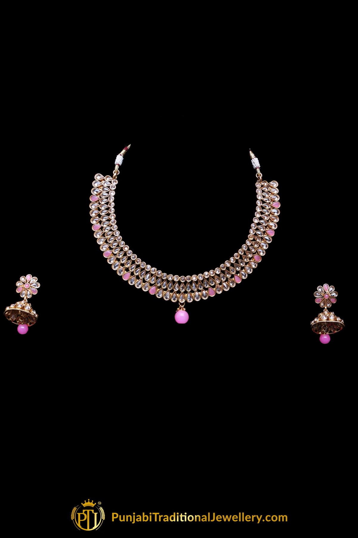 Pink Polki Necklace Set By Punjabi Traditional Jewellery
