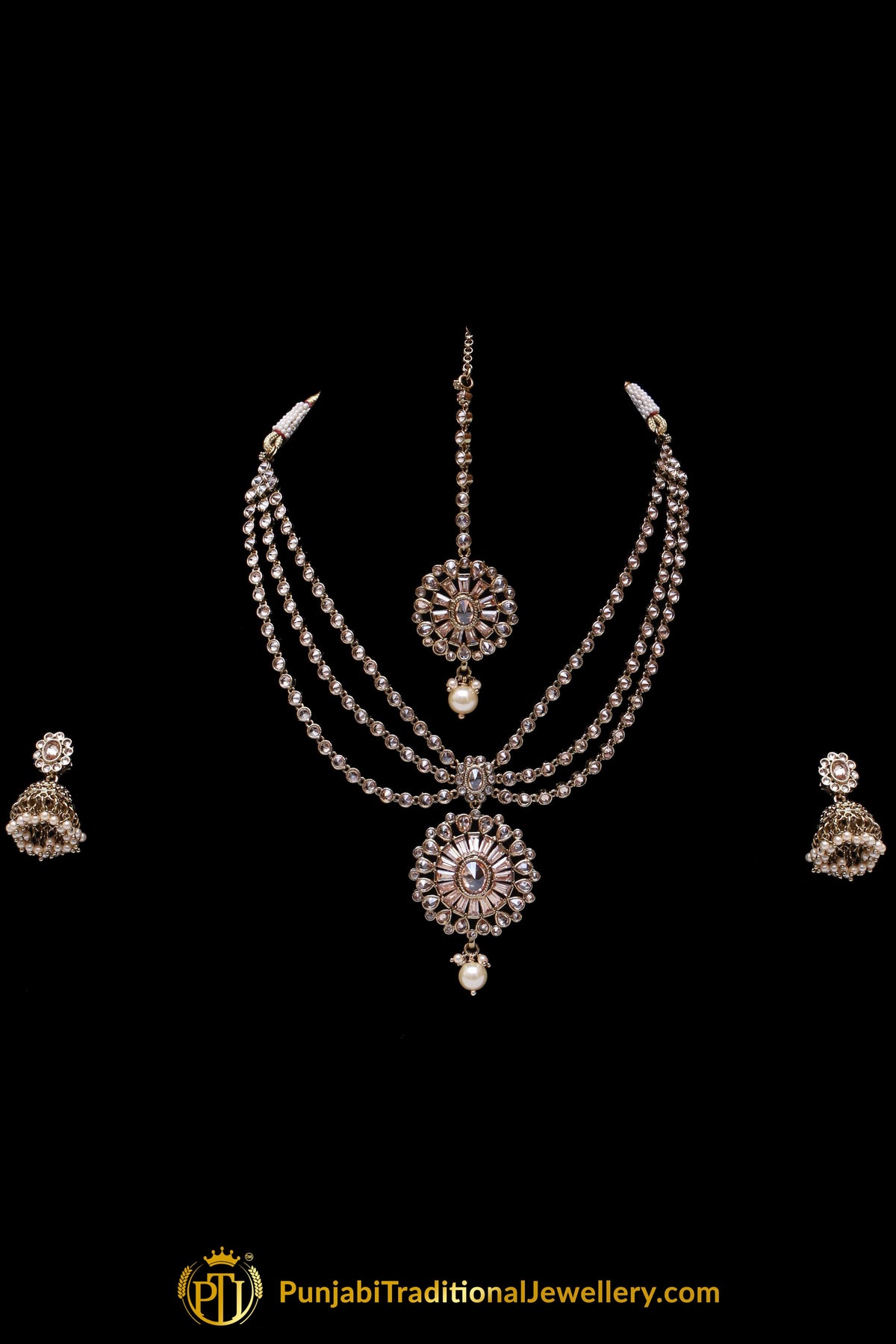 Golden Champagne Stone Necklace Set By Punjabi Traditional Jewellery