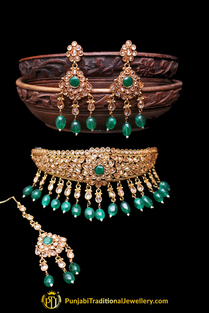 Green Polki Necklace Set By Punjabi Traditional Jewellery
