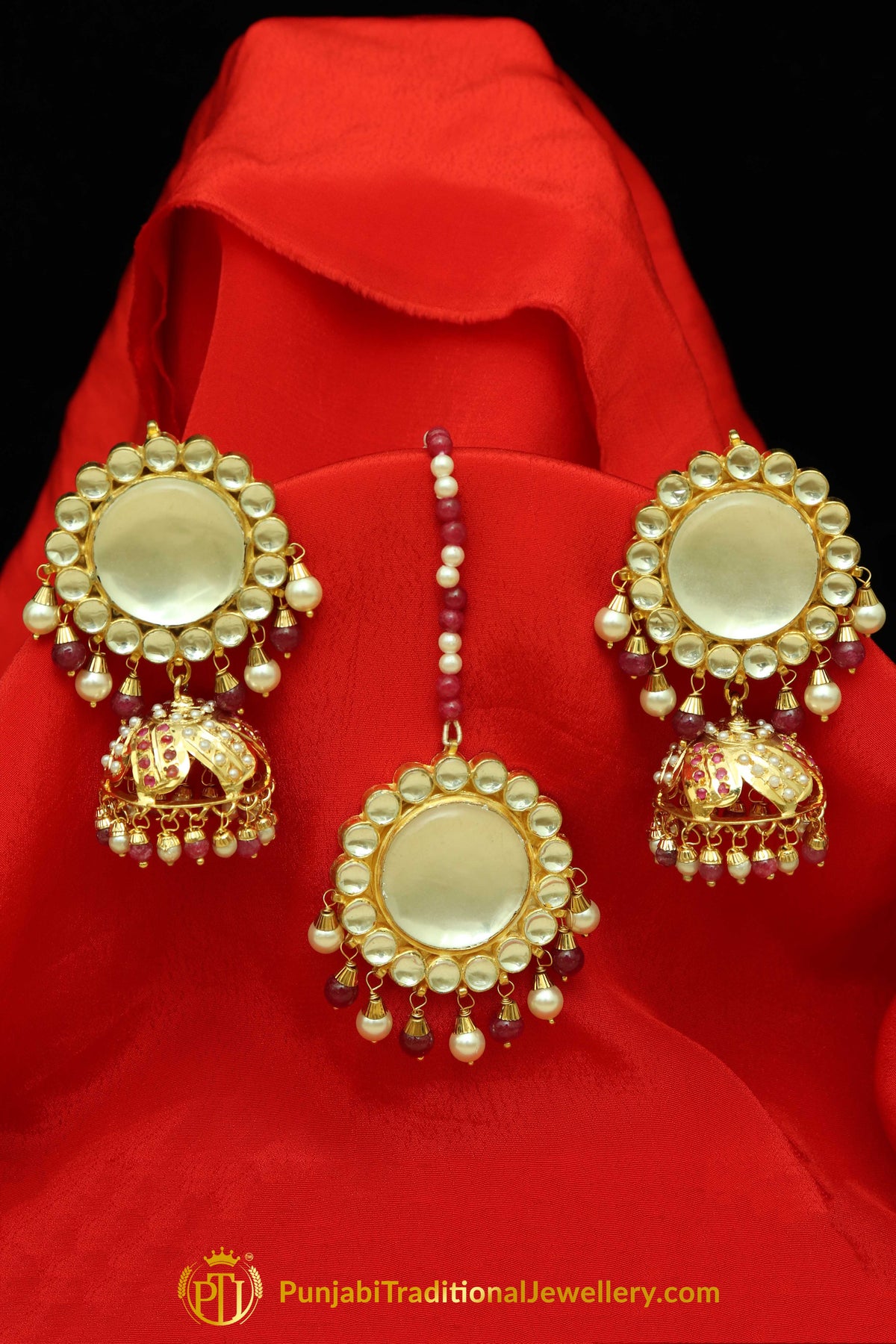 Ilaaf Gold Finished Pearl Rubby Jhumki Kundan Earring Tikka Set | Punjabi Traditional Jewellery Exclusive