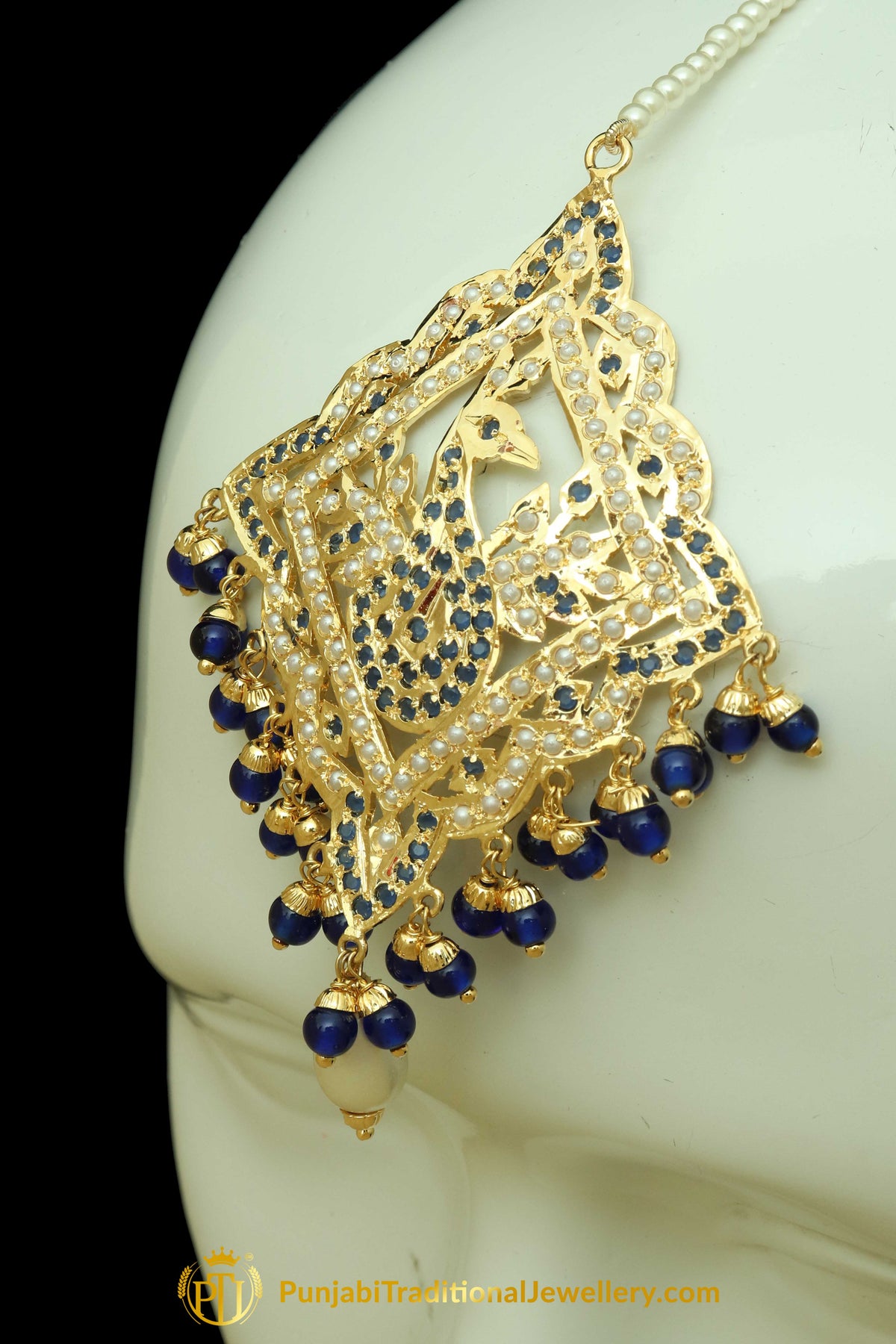 Blue Jadau Pearl Earring Tikka Set By Punjabi Traditional Jewellery