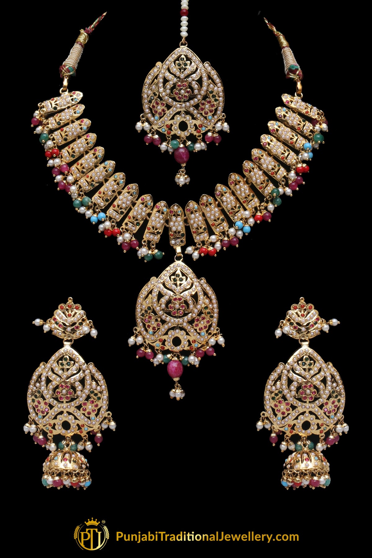 Multi Jadau Pearl Necklace Set By Punjabi Traditional Jewellery