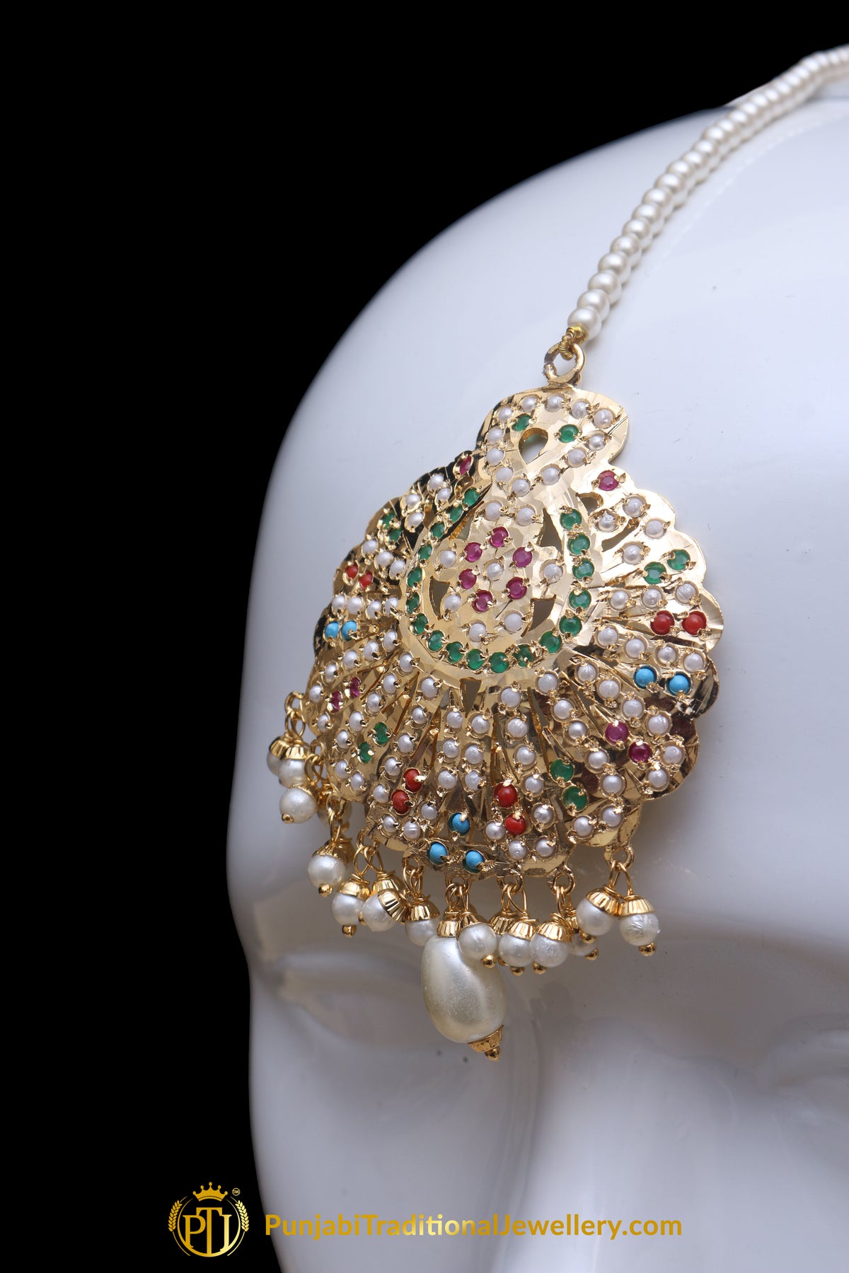 Multi Jadau Pearl Earring Tikka Set By Punjabi Traditional Jewellery