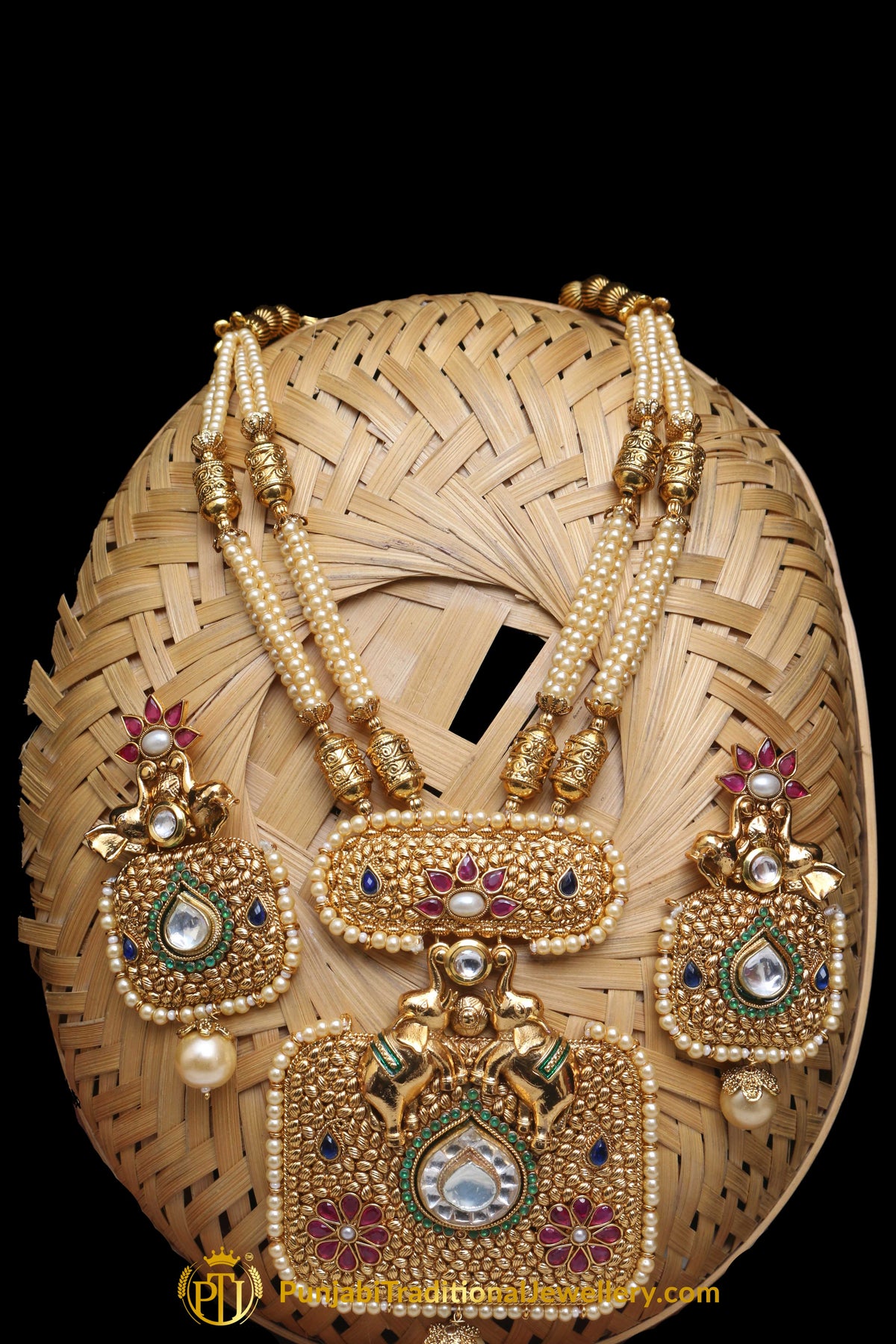 Red & Green Jodha Necklace Set By Punjabi Traditional Jewellery