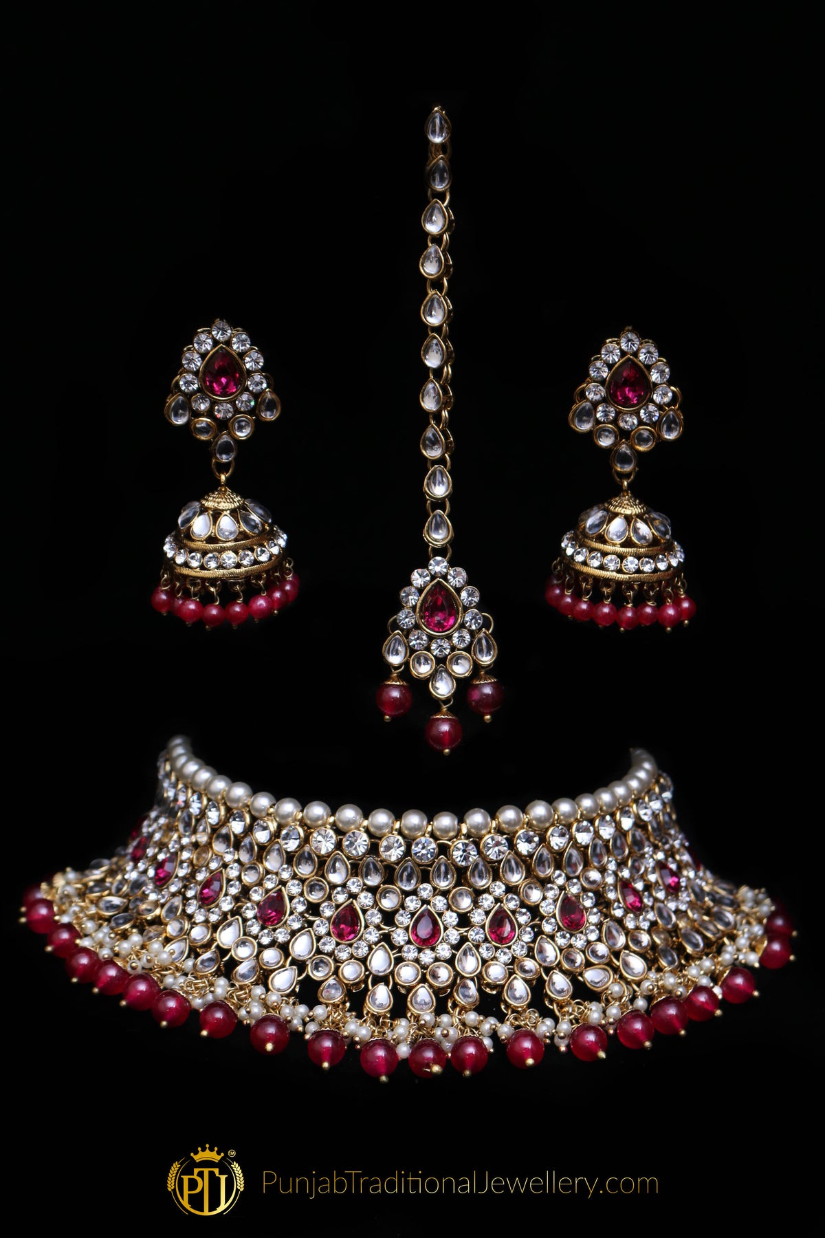 Red Kundan Pearl Choker Necklace Set By Punjabi Traditional Jewellery