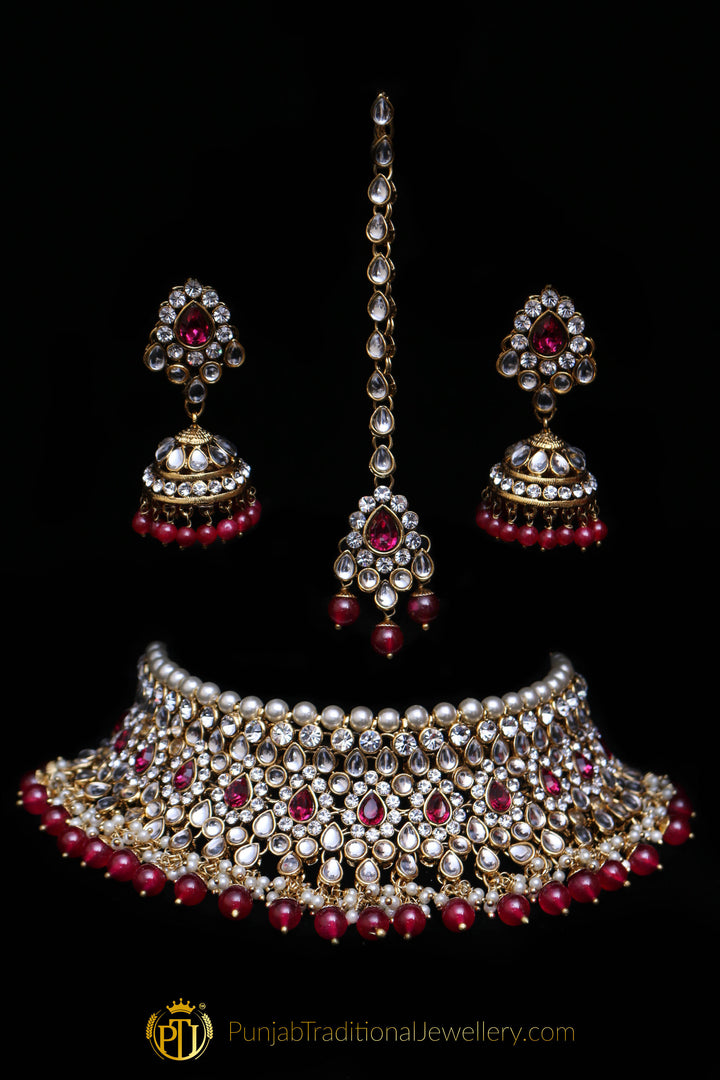 Red Kundan Pearl Choker Necklace Set By Punjabi Traditional Jewellery