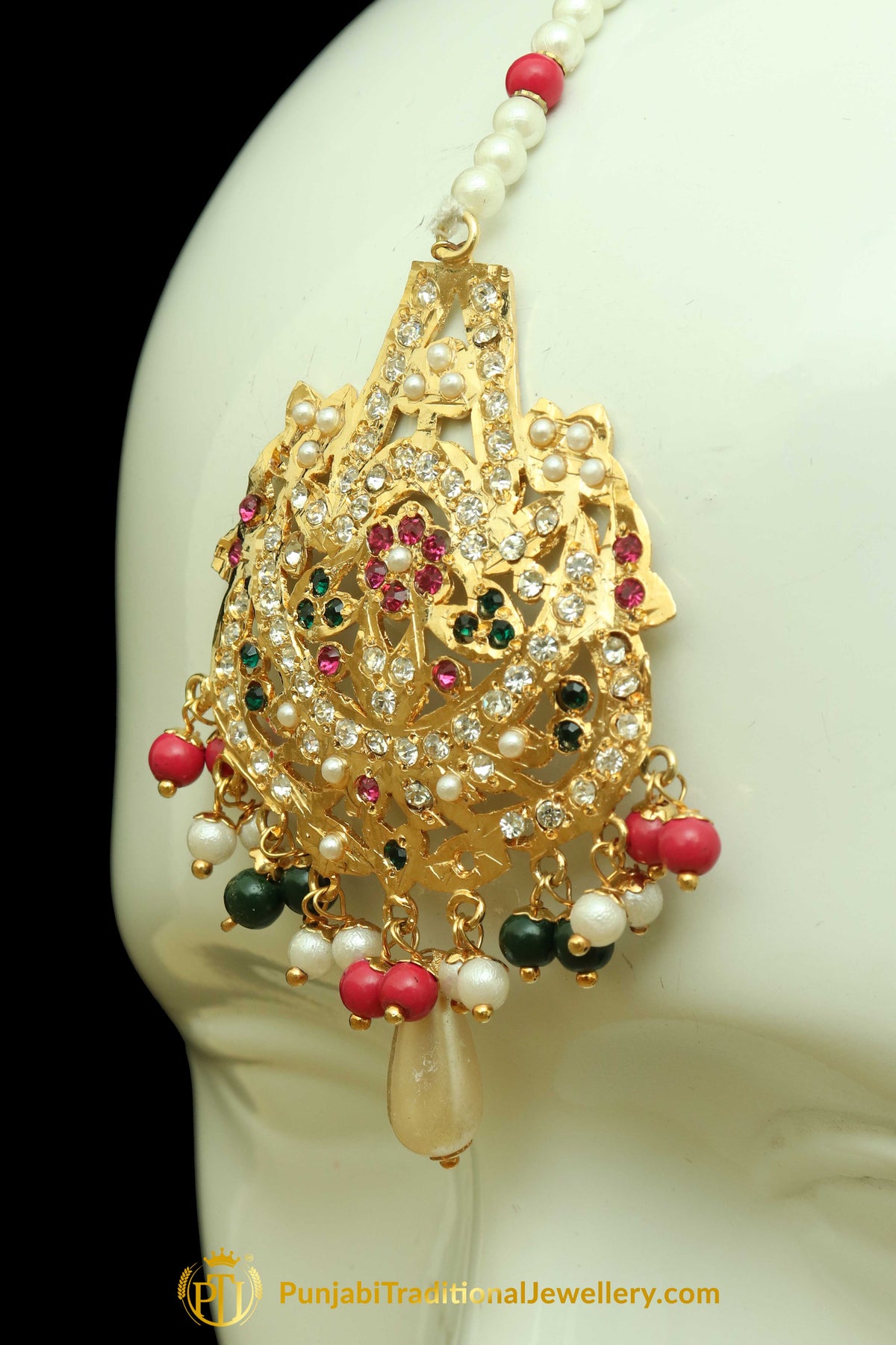 Multi Jadau Pearl Earring Tikka Set By Punjabi Traditional Jewellery