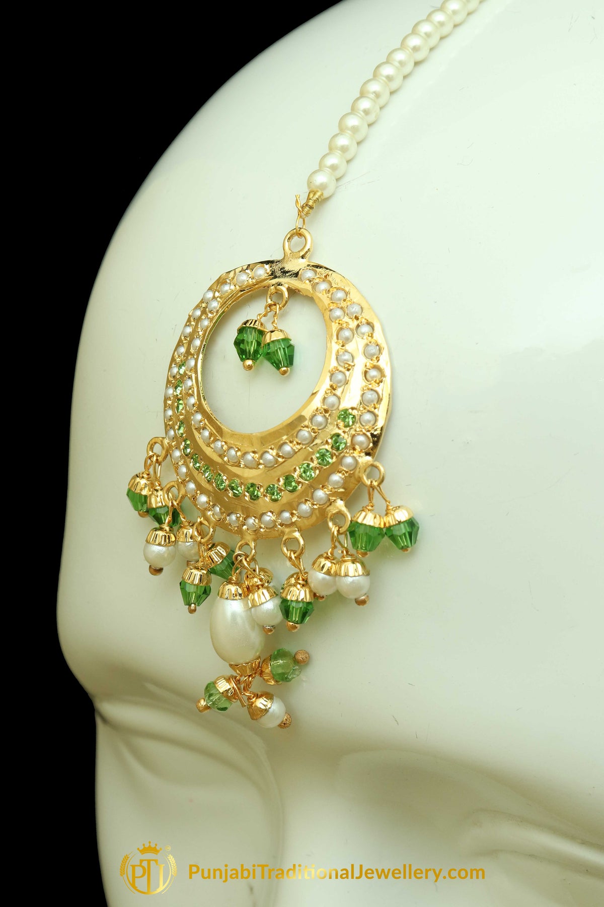 Green Jadau Pearl Earring Tikka Set By Punjabi Traditional Jewellery
