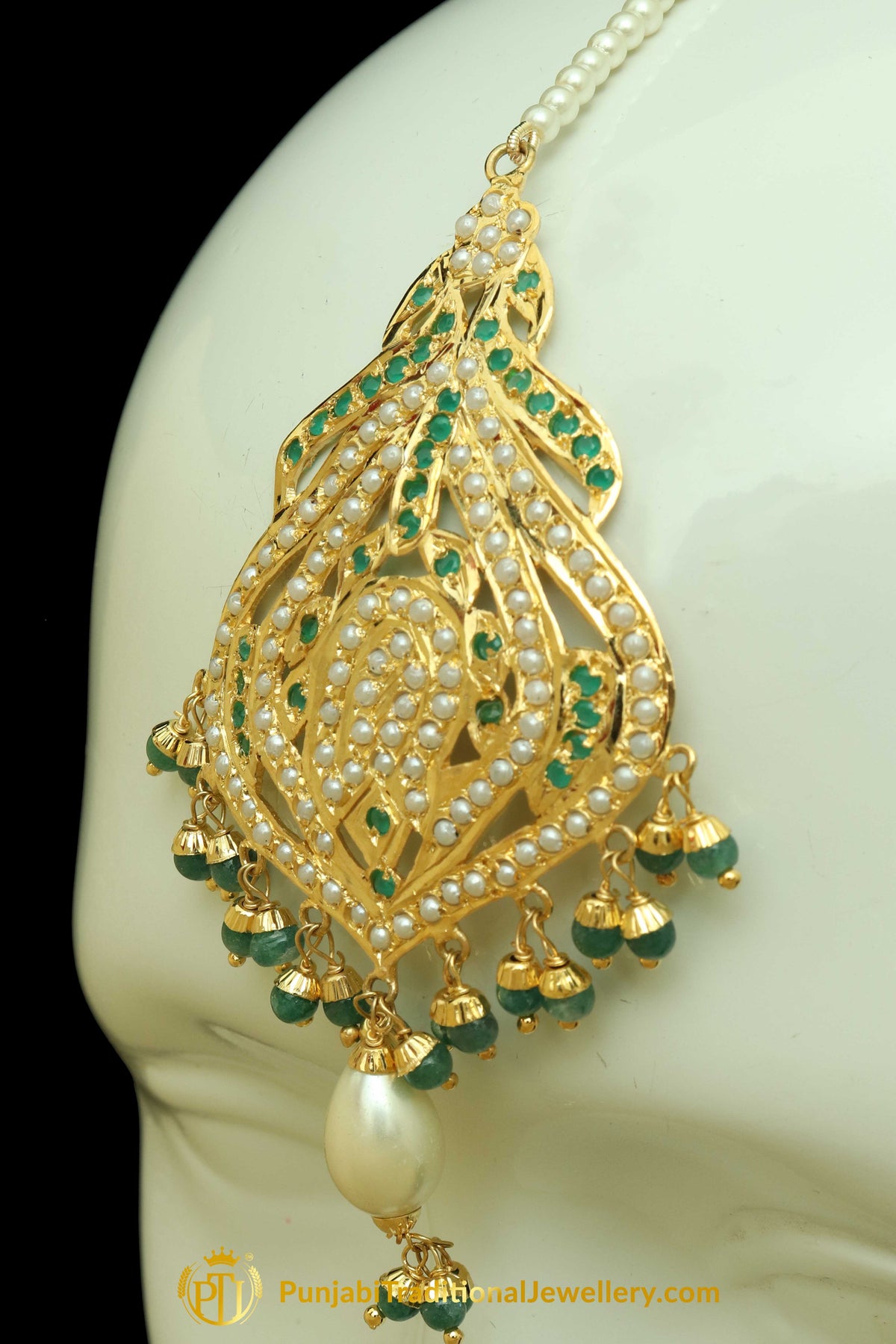Green Jadau Pearl Earring Tikka Set By Punjabi Traditional Jewellery
