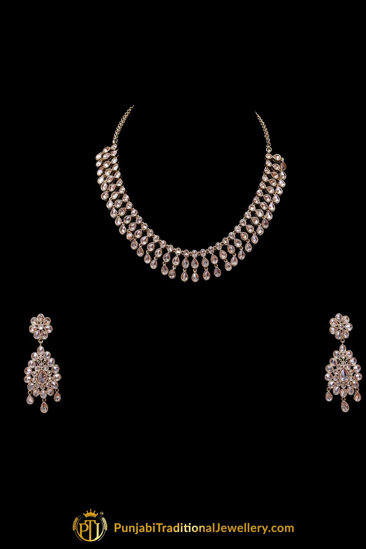 Golden Champagne Stone Necklace Set By Punjabi Traditional Jewellery