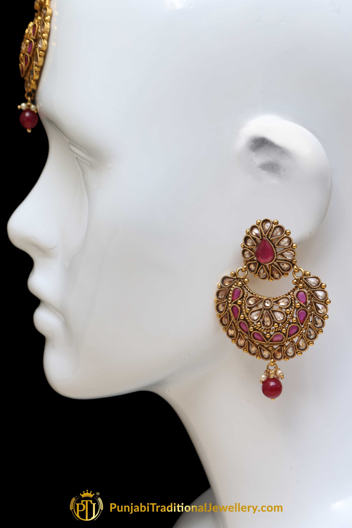 Champagne Stone Red Pearl Earring Tikka Set By Punjabi Traditional Jewellery