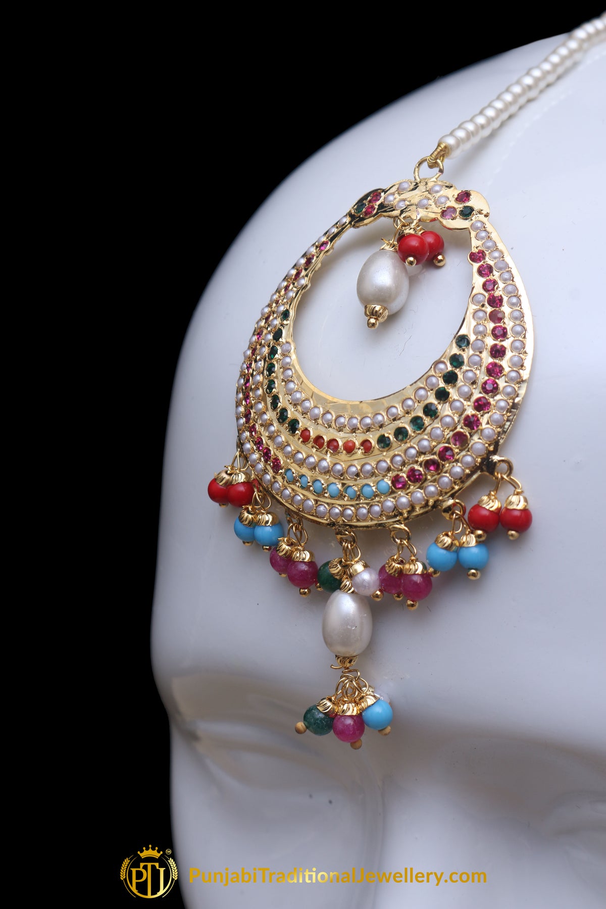 Multi Jadau Pearl Earring Tikka Set By Punjabi Traditional Jewellery