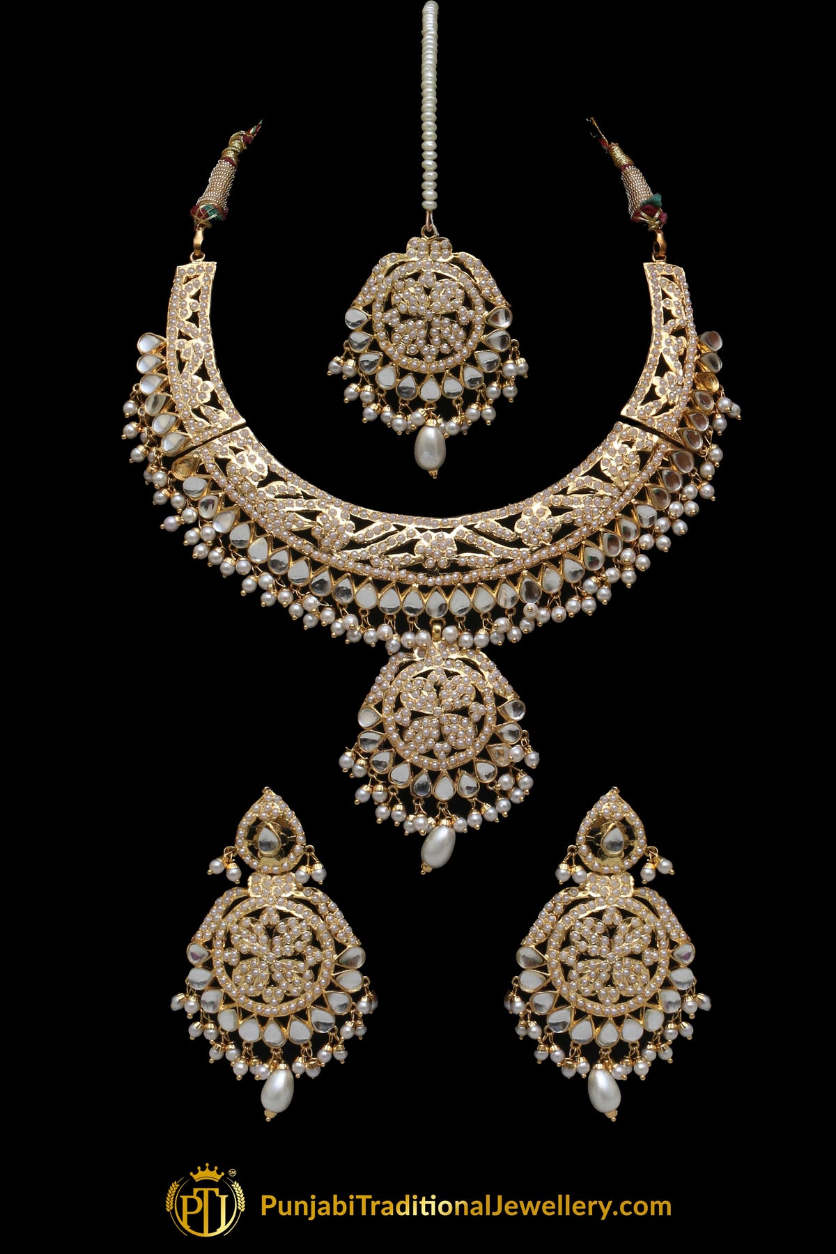 Golden Jadau Pearl Kundan Necklace Set By Punjabi Taditional Jewellery