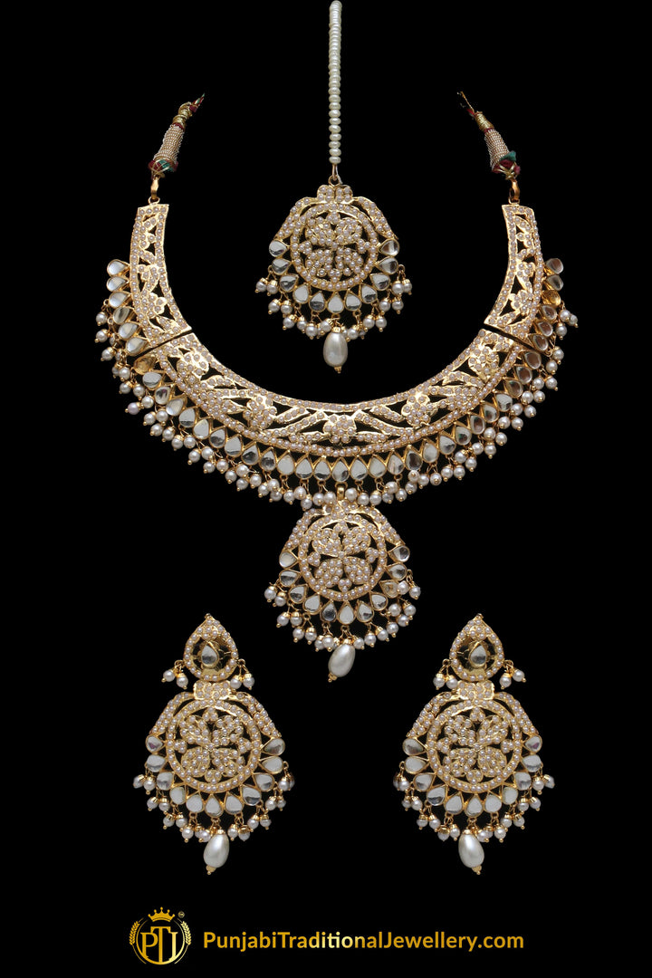 Golden Jadau Pearl Kundan Necklace Set By Punjabi Taditional Jewellery