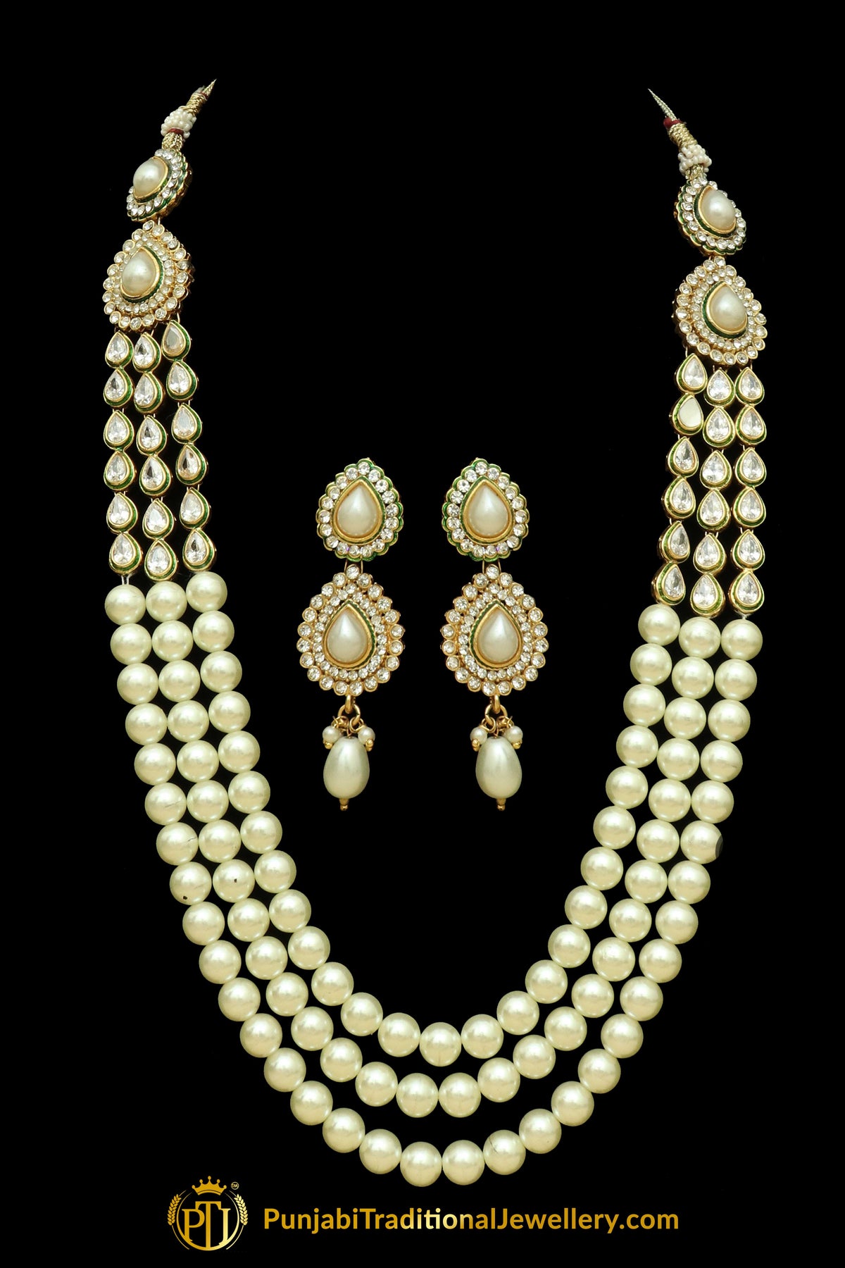 White Polki Pearl Mala Necklace Set By Punjabi Traditional Jewellery