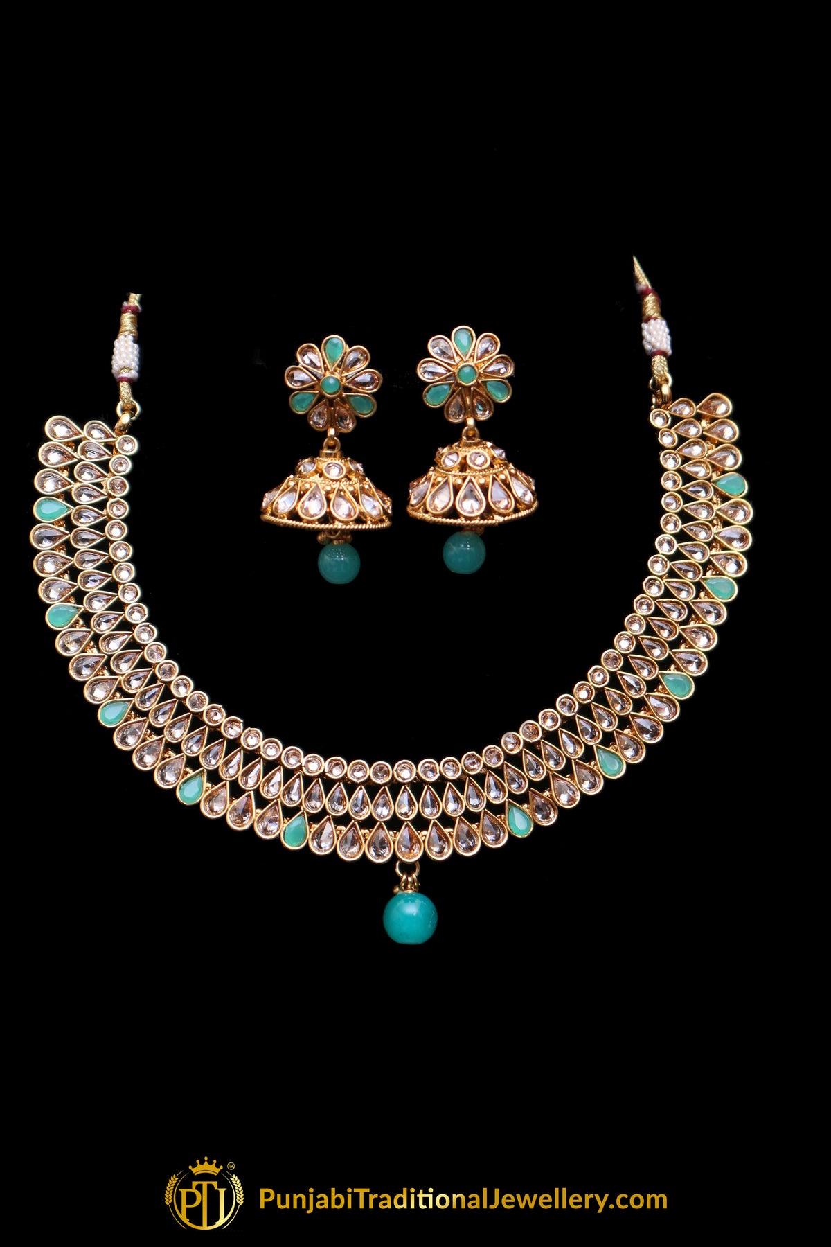 Rama Green Polki Necklace Set By Punjabi Traditional Jewellery