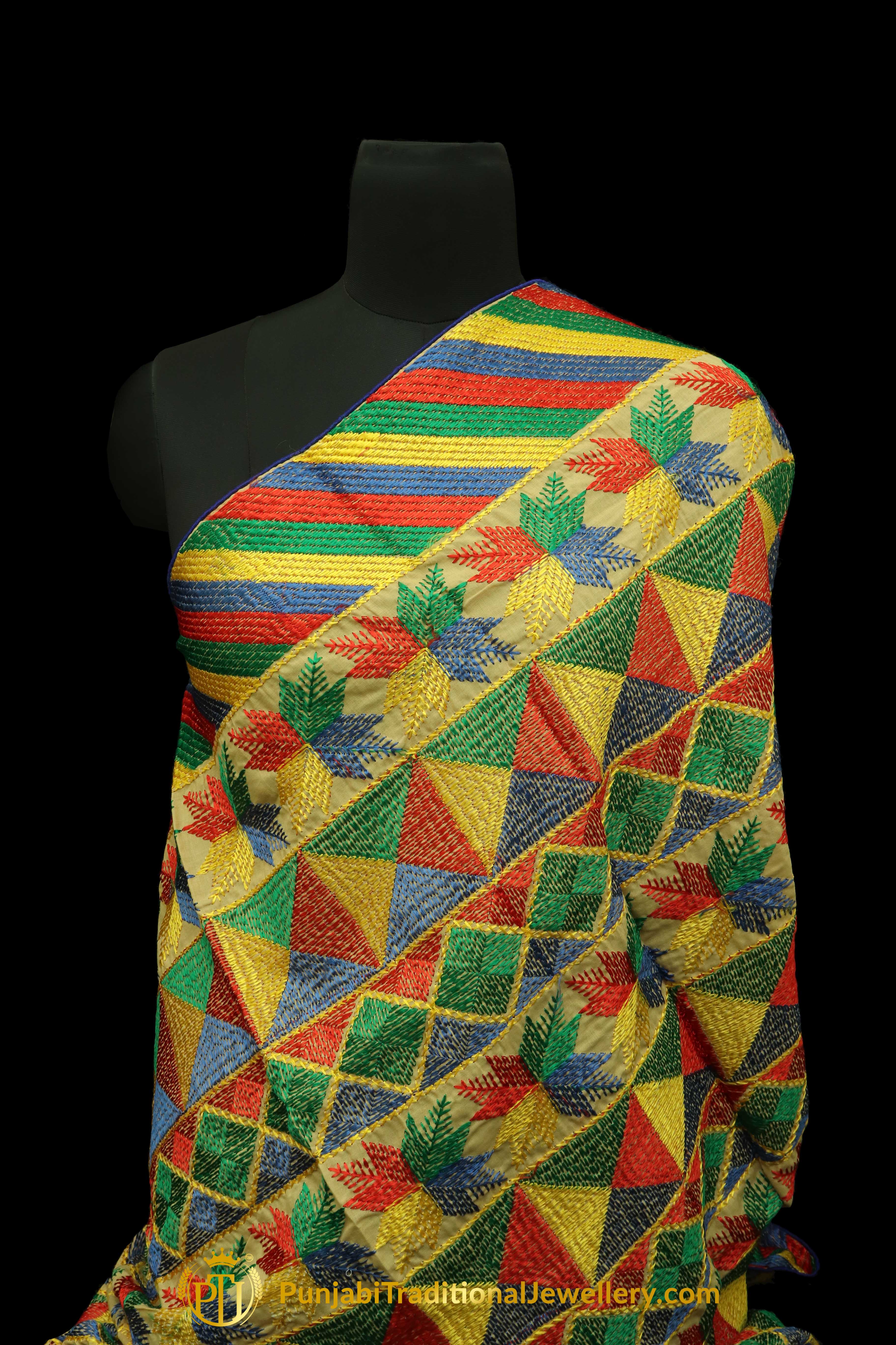 Multi Color Pure Phulkari Dupatta By Punjabi Traditional Jewellery